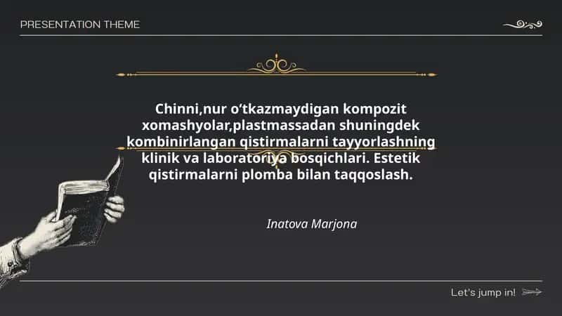 Chinni,nur oʻtkazmaydigan kompozit xomashyolar,plastmassadan shuningdek kombinirlangan qistirmalarni tayyorlashning klinik va laboratoriya bosqichlari. Estetik qistirmalarni plomba bilan taqqoslash.