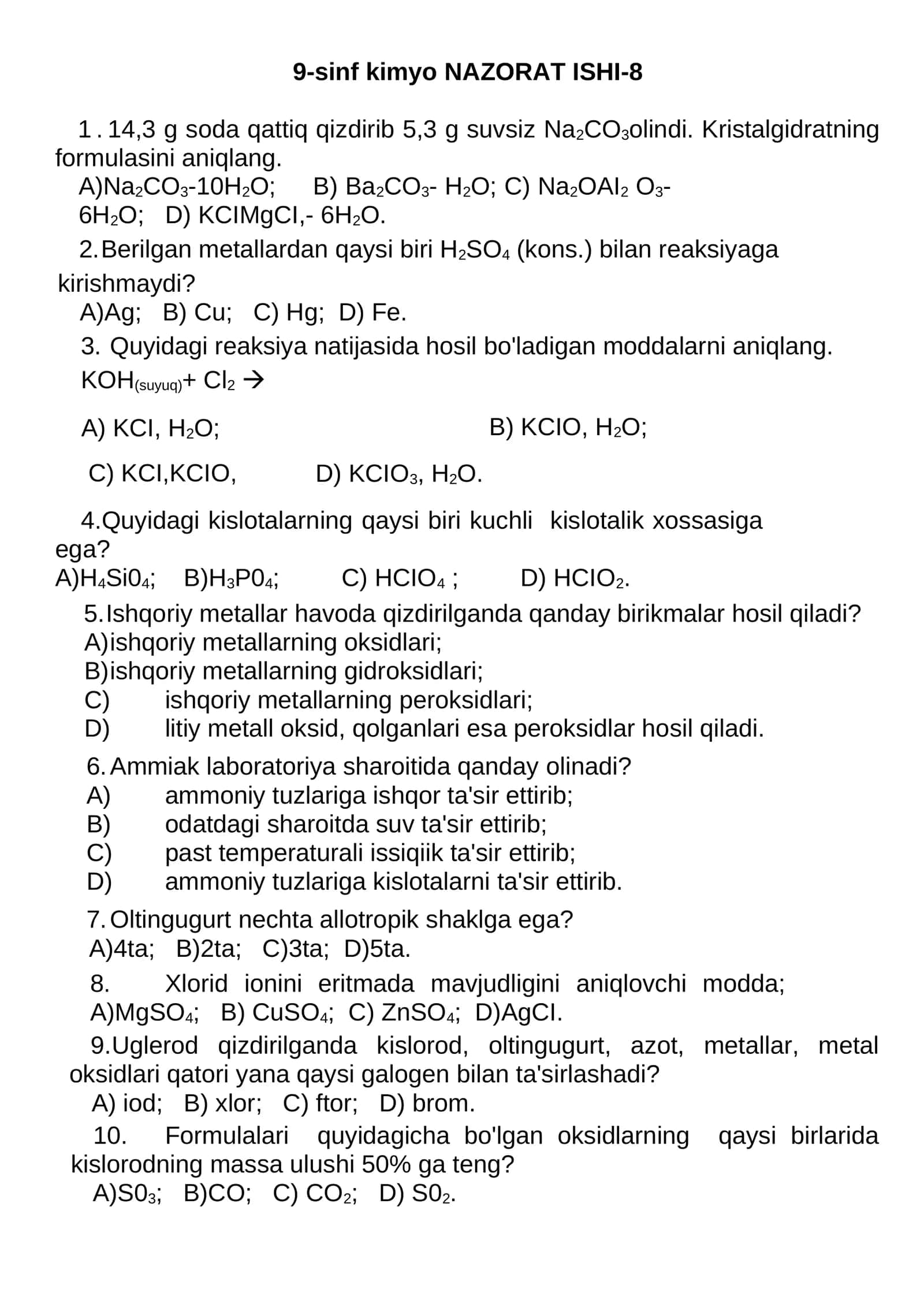 9-sinf kimyo NAZORAT ISHI-8