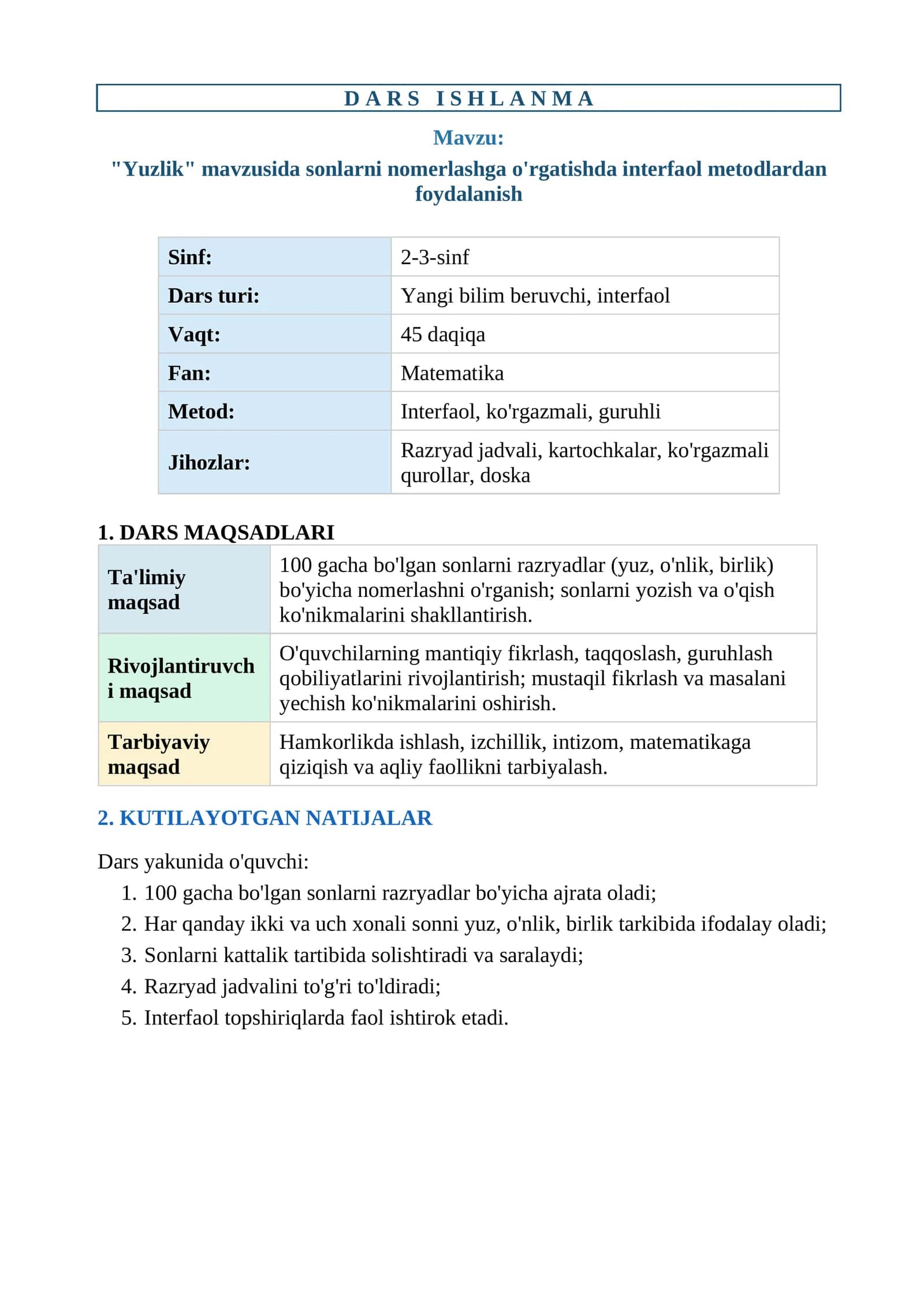 "Yuzlik" mavzusida sonlarni nomerlashga o'rgatishda interfaol metodlardan foydalanish