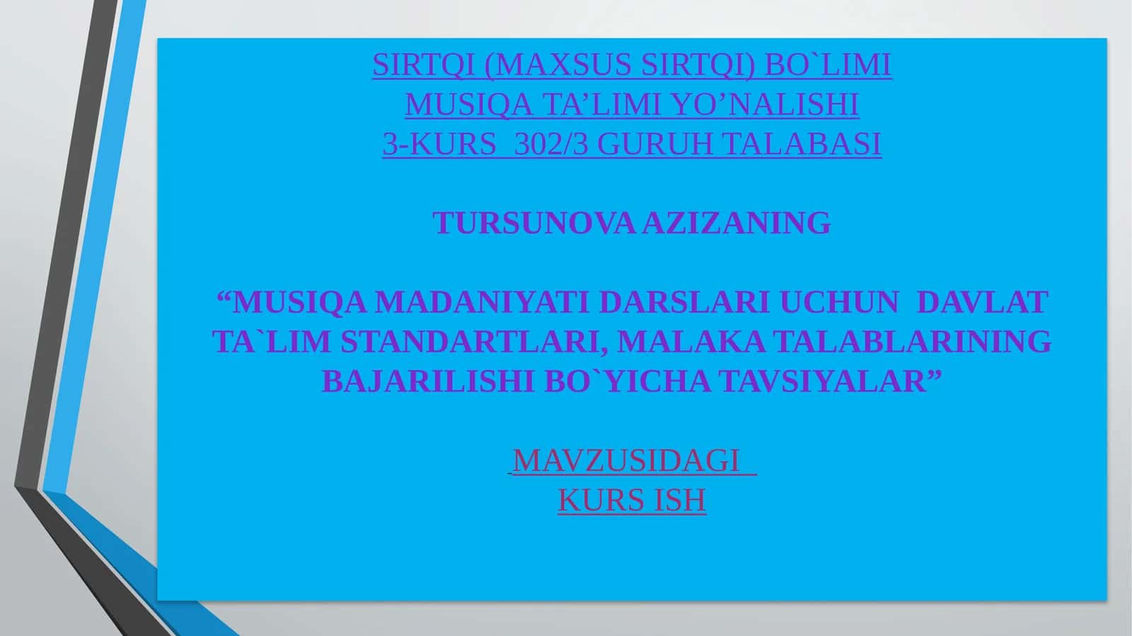 MUSIQA MADANIYATI DARSLARI UCHUN DAVLAT TA`LIM STANDARTLARI, MALAKA TALABLARINING BAJARILISHI BO`YICHA TAVSIYALAR