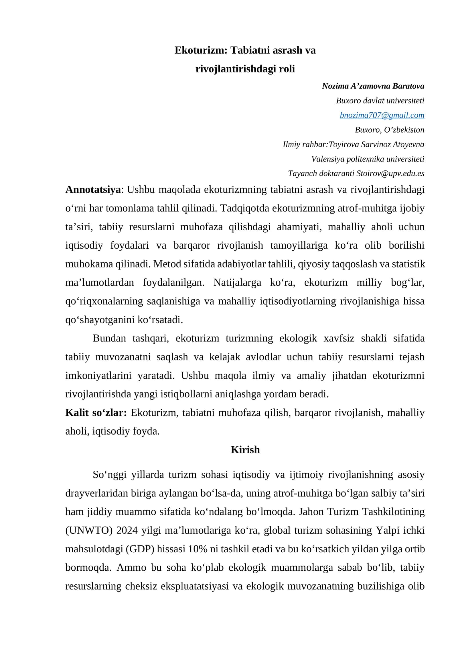 Ekoturizm: Tabiatni asrash va rivojlantirishdagi roli