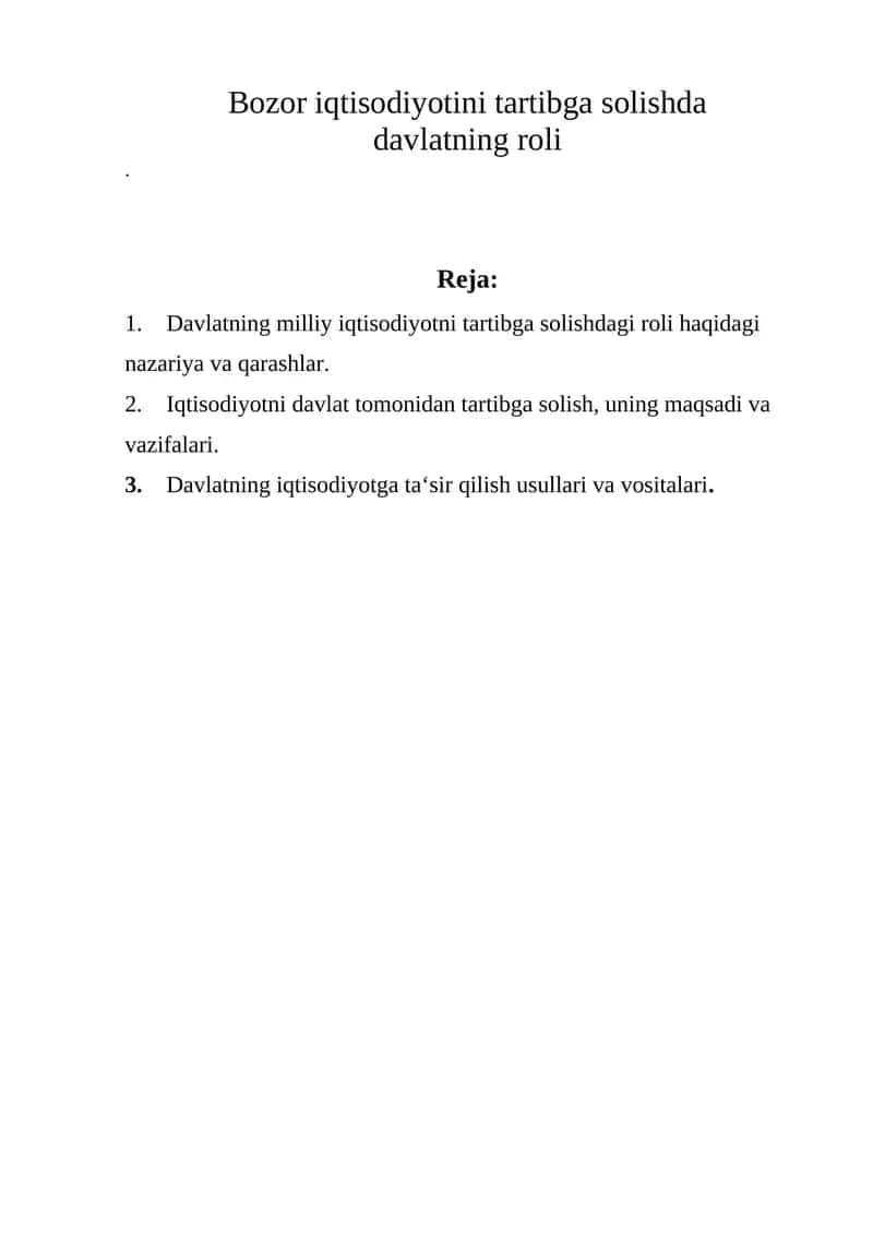 Davlatning milliy iqtisodiyotni tartibga solishdagi roli