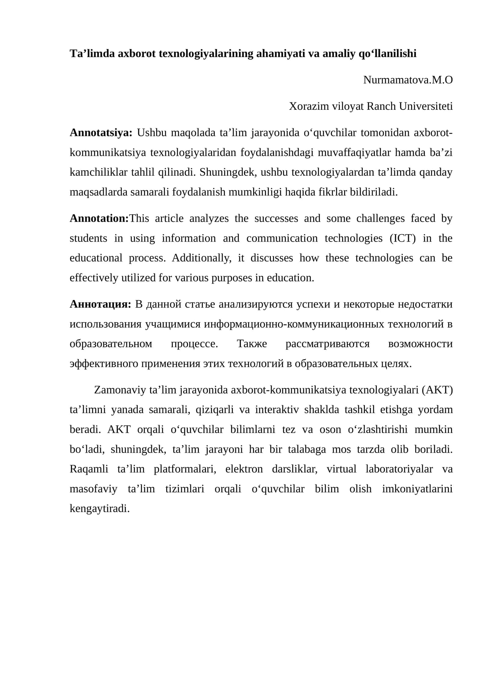 Tа’limda аxborot tеxnоlоgiyаlаrining аhаmiyati va аmаliy qo‘llаnilishi