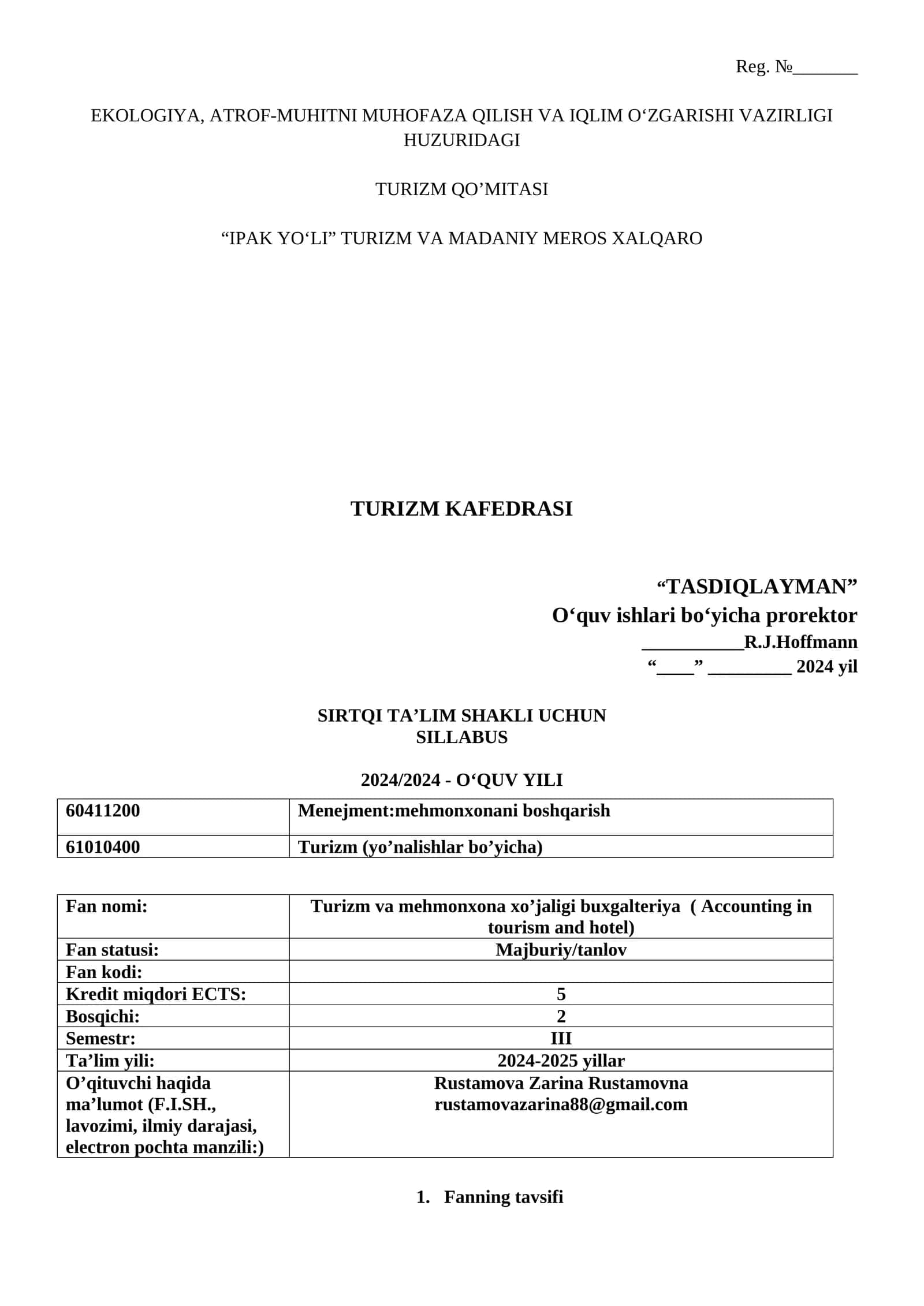 Turizm va mehmonxona xo’jaligi buxgalteriya ( Accounting in tourism and hotel)
