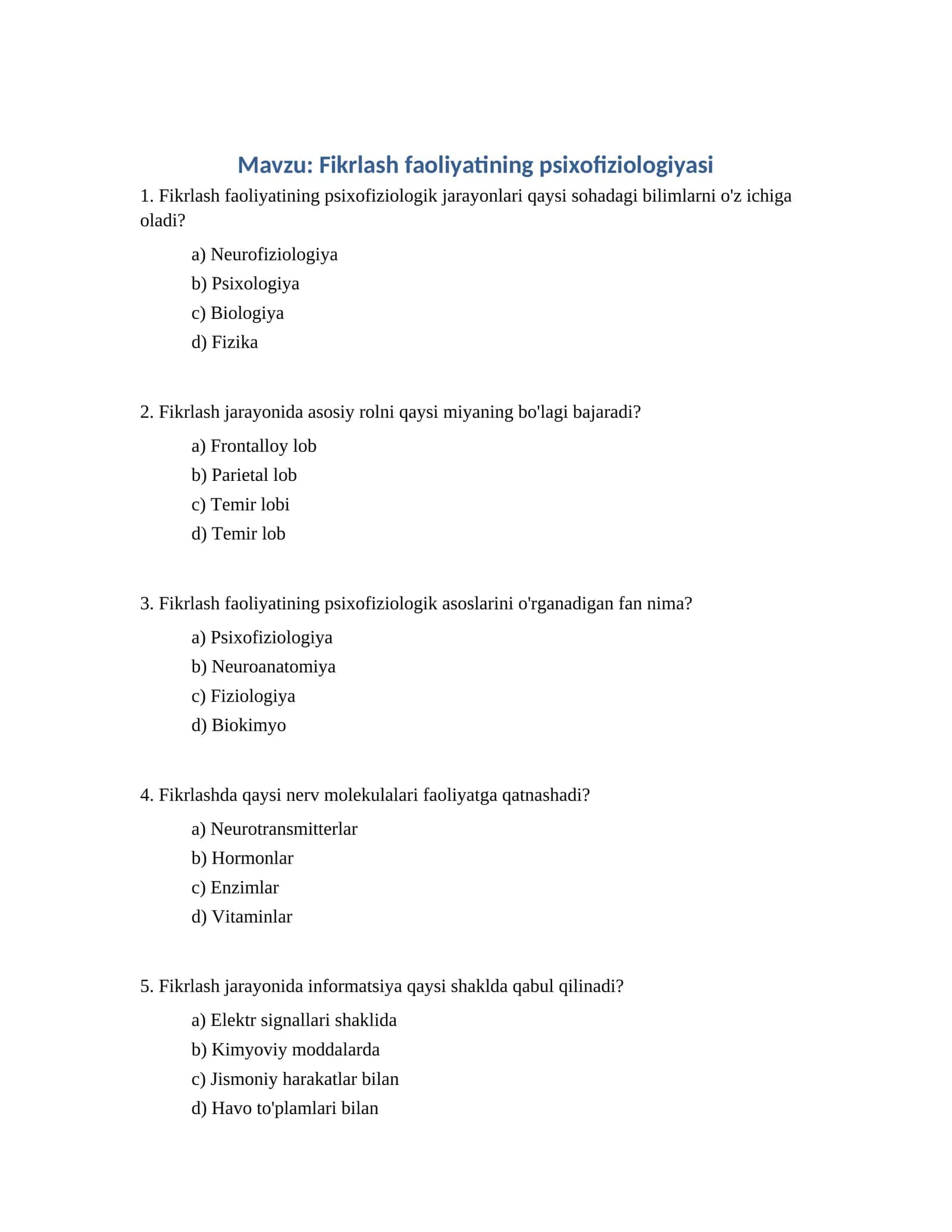 Fikrlash faoliyatining psixofiziologiyasi
