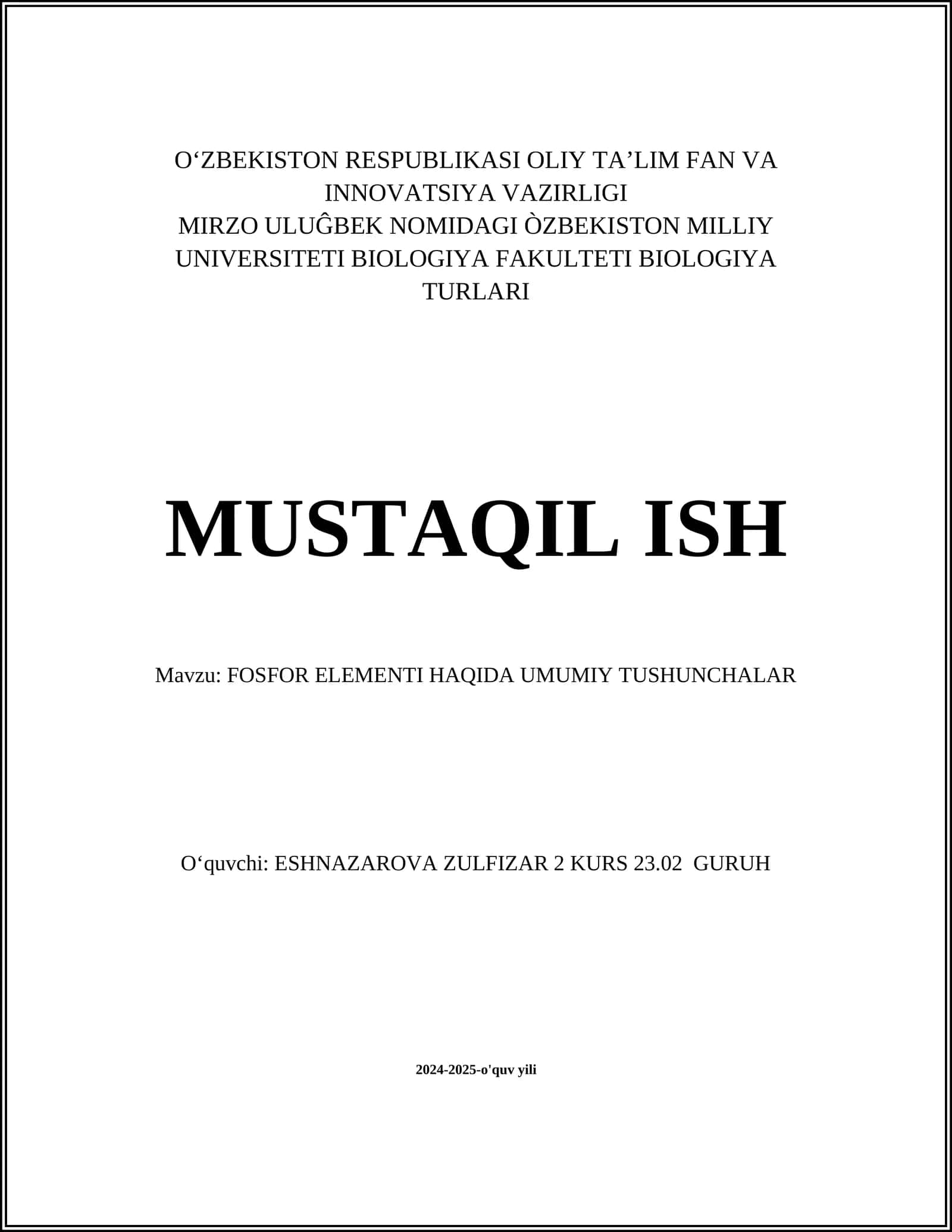 FOSFOR ELEMENTI HAQIDA UMUMIY TUSHUNCHALAR
