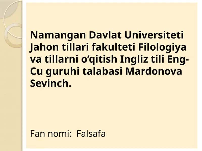 Jahon tillari fakulteti Filologiya va tillar ni o’qitish Ingliz tili Eng-Cuguruhita labasi Mardonova Sevinch