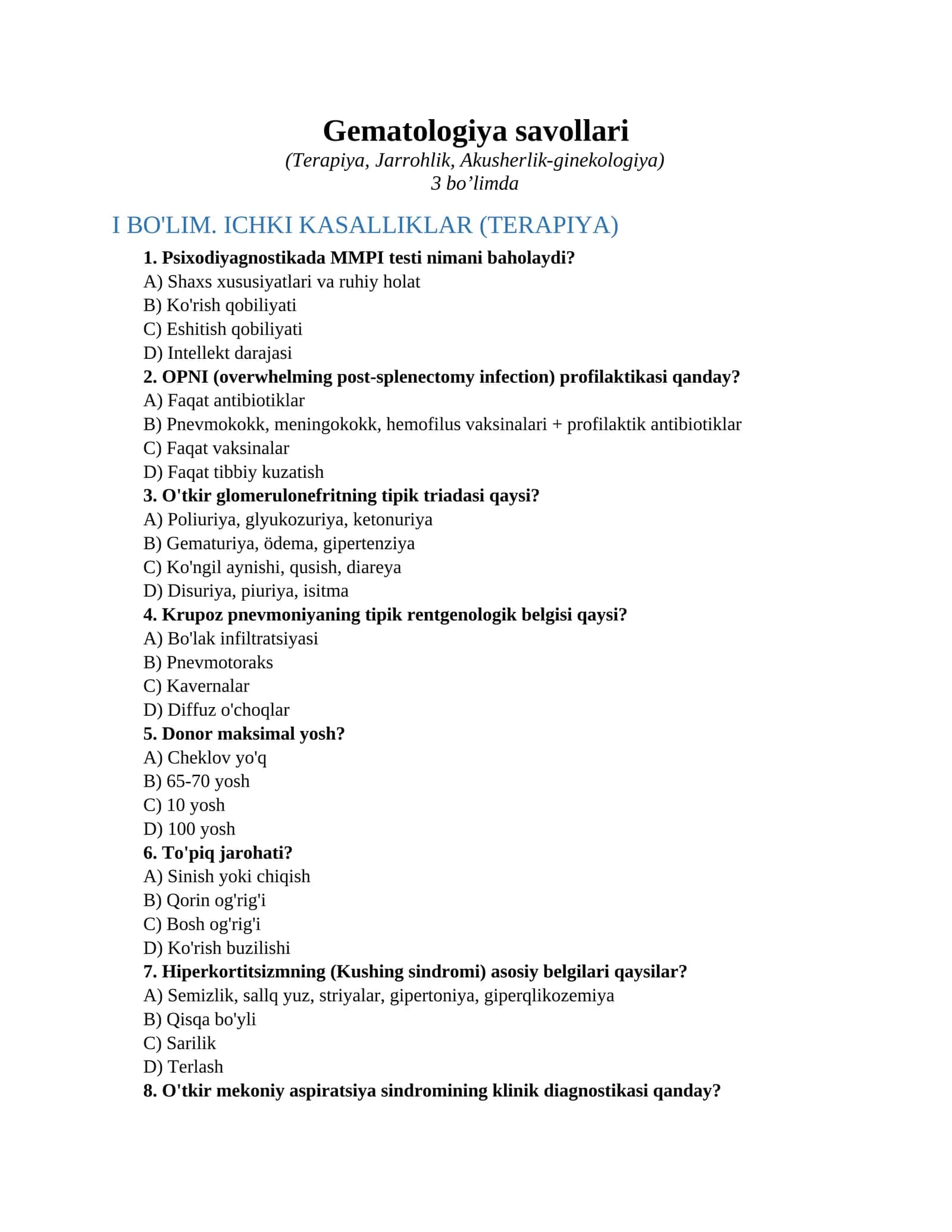 Gematologiya savollari