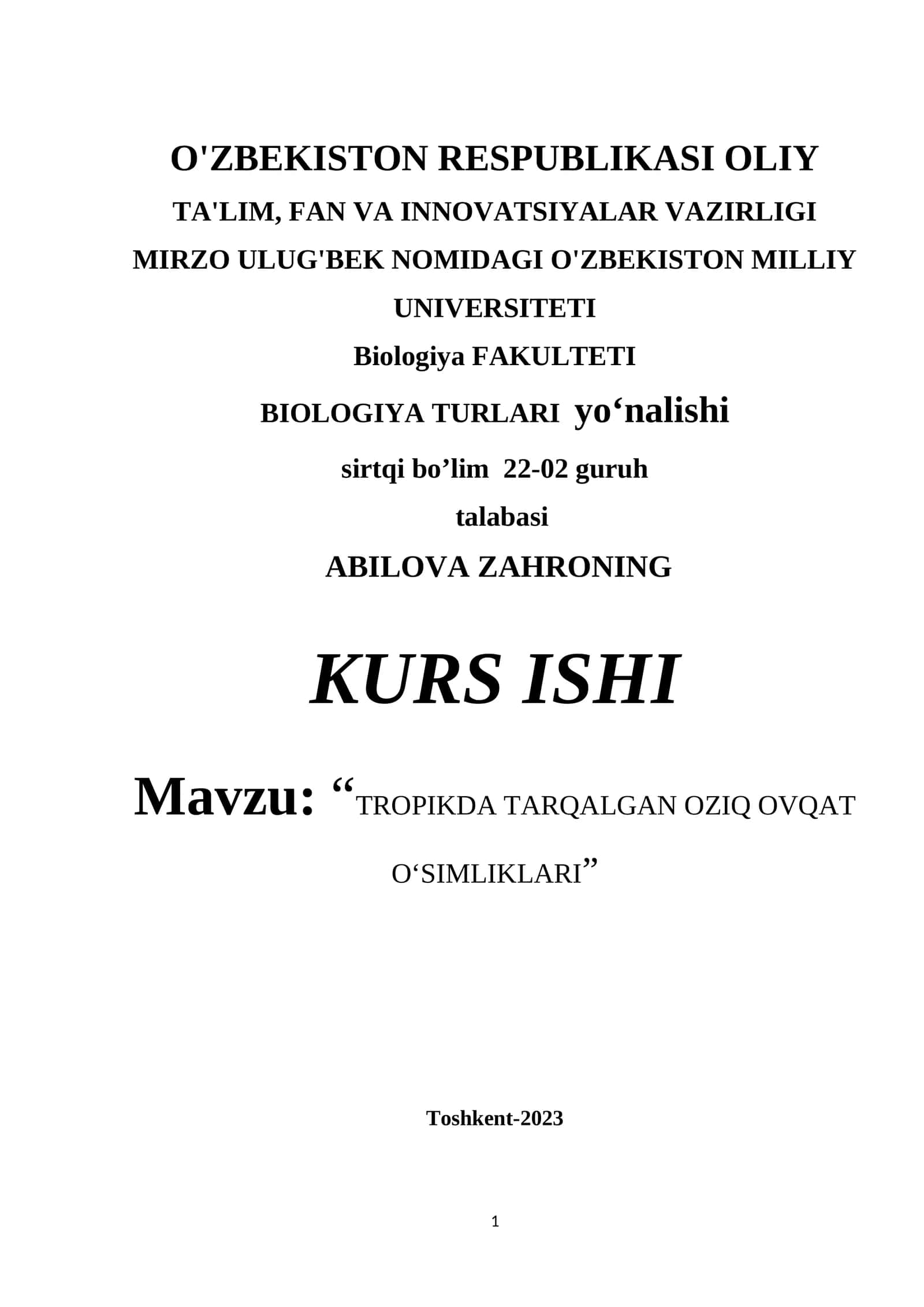 TROPIKDA TARQALGAN OZIQ OVQAT OʻSIMLIKLARI