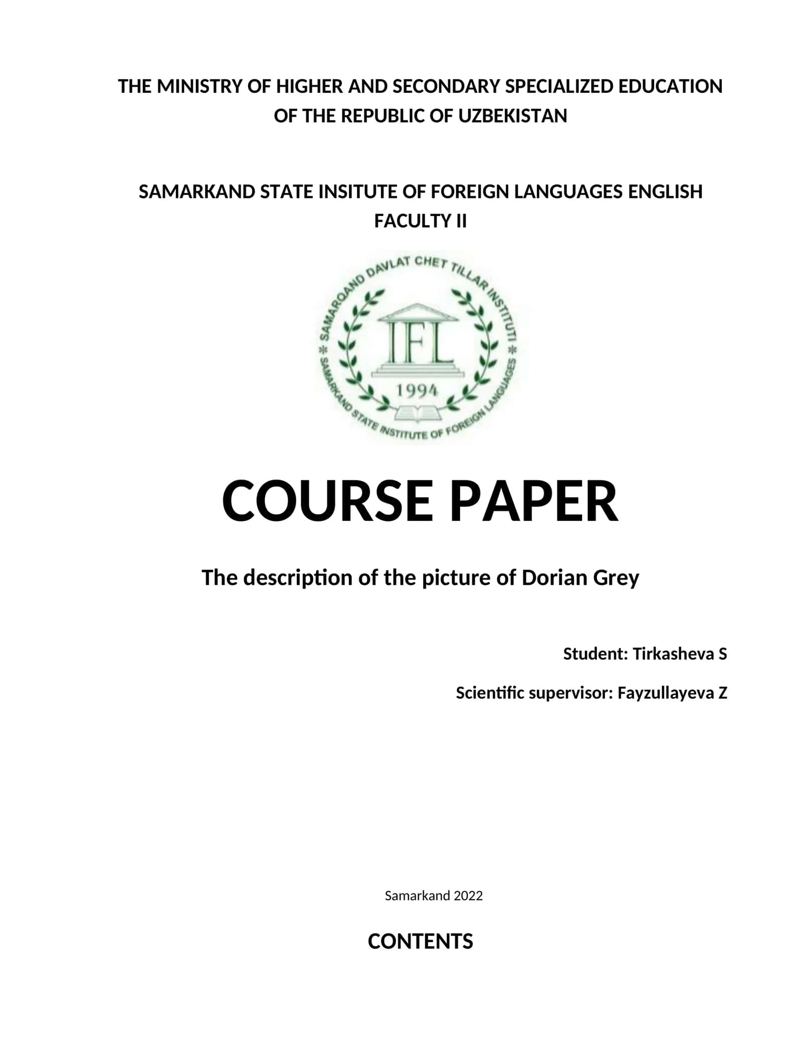 The Picture of Dorian Gray Course Paper