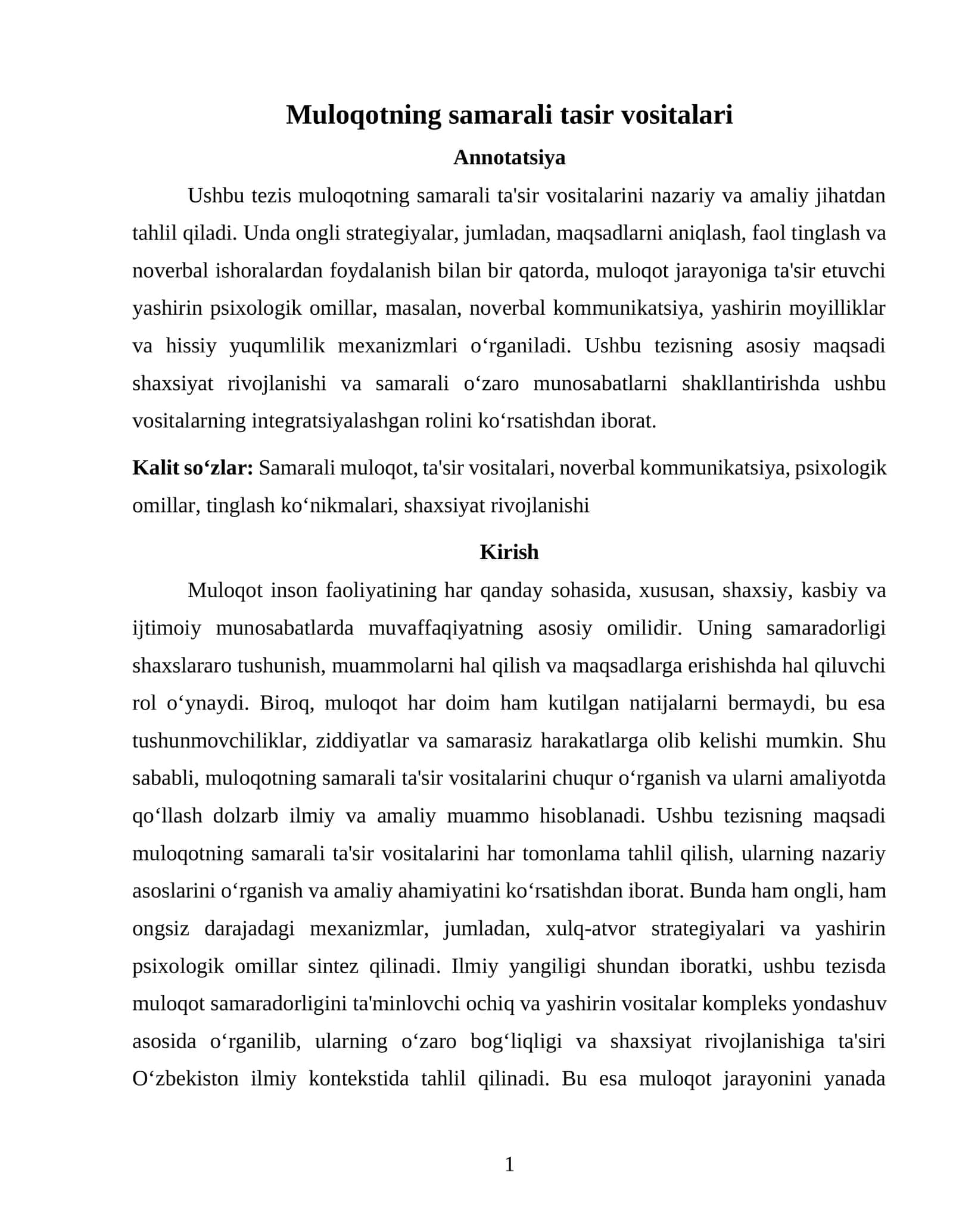Tezis muloqotning samarali tasir vositalari
