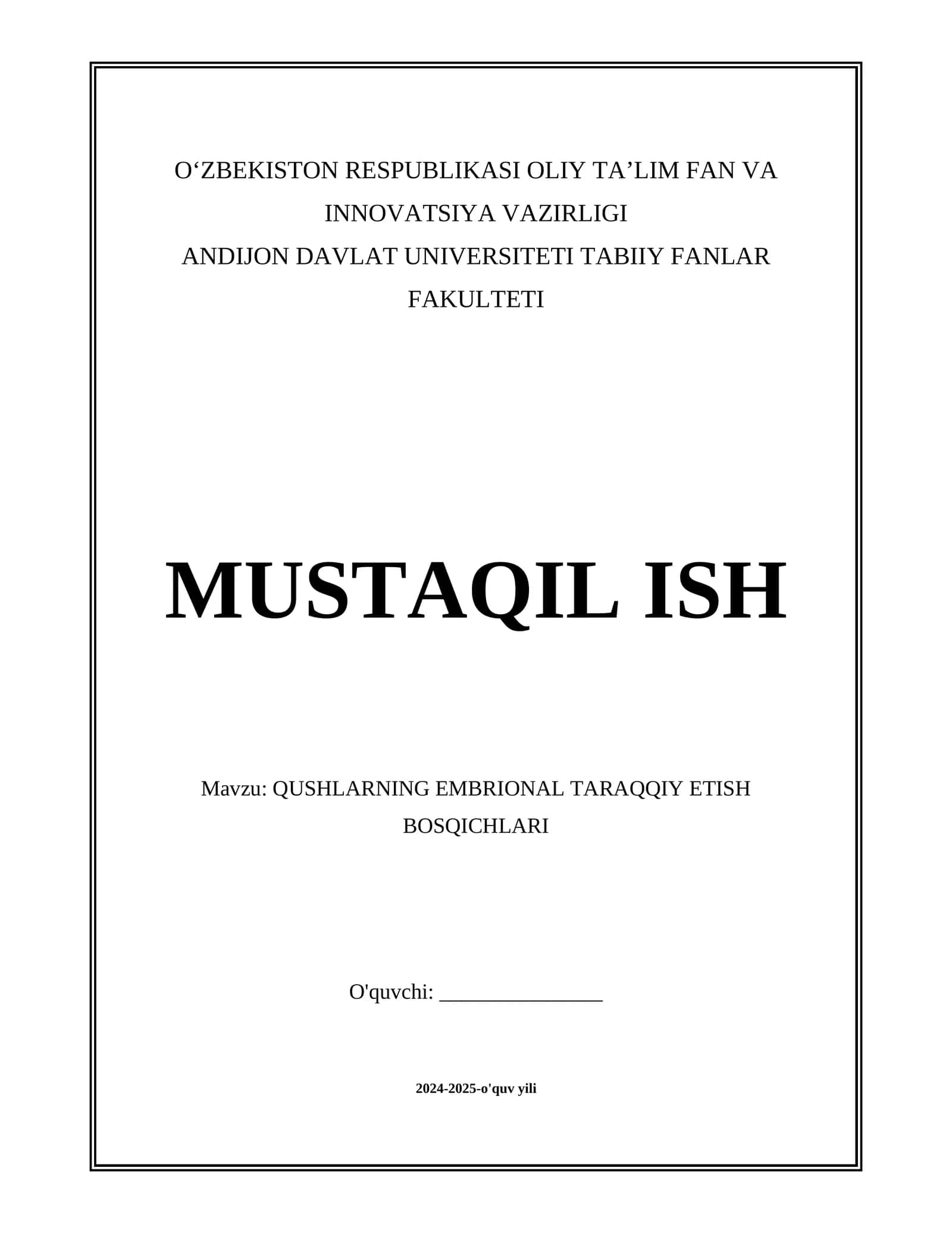 QUSHLARNING EMBRIONAL TARAQQIY ETISH BOSQICHLARI