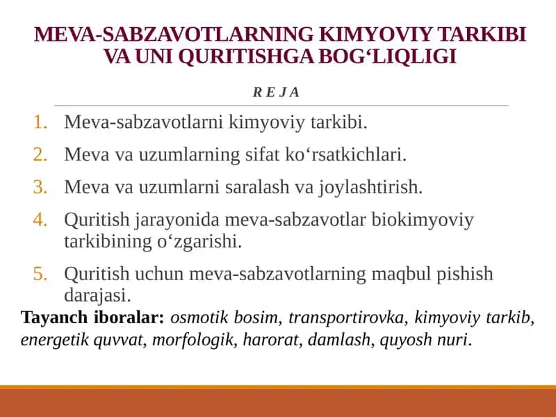 MEVA-SABZAVOTLARNI KIMYOVIY TARKIBI