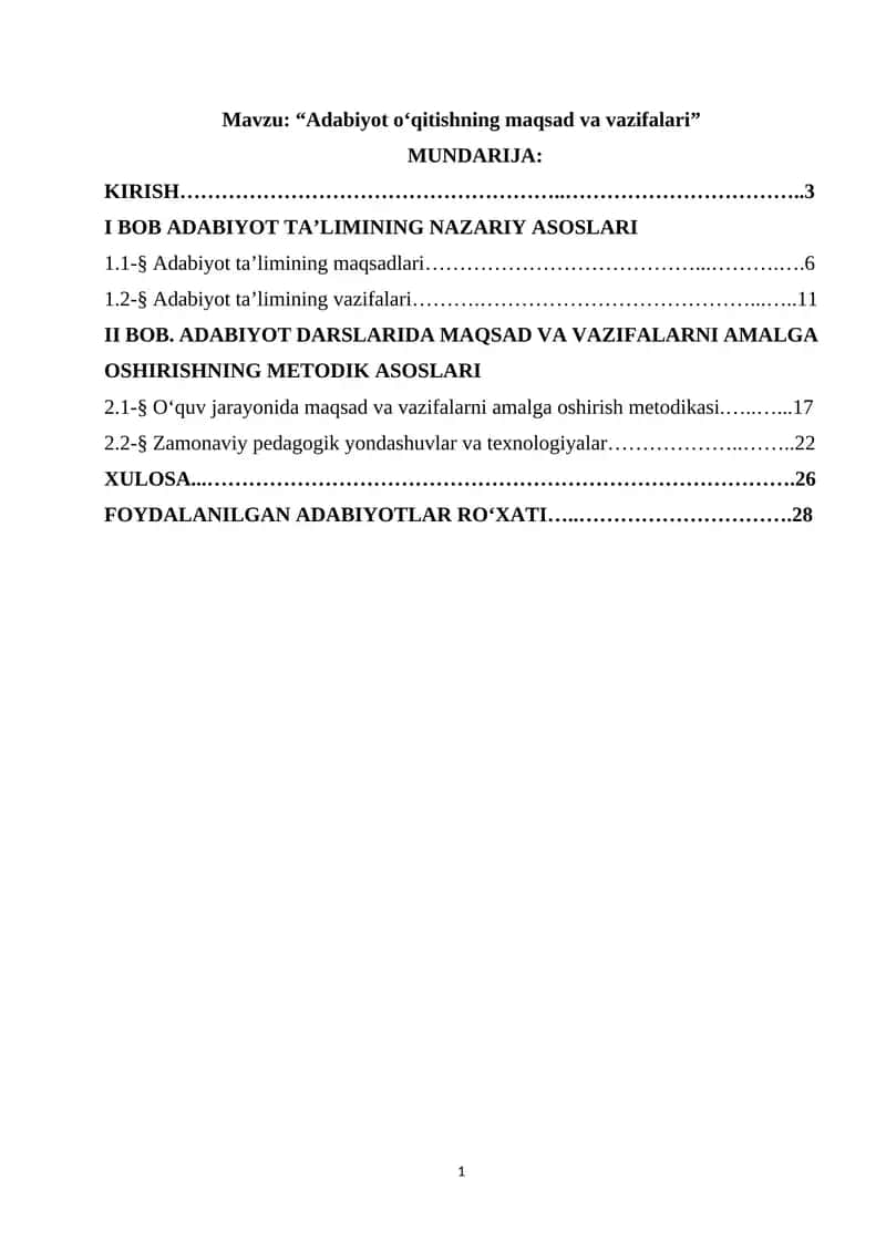 Adabiyot o‘qitishning maqsad va vazifalari