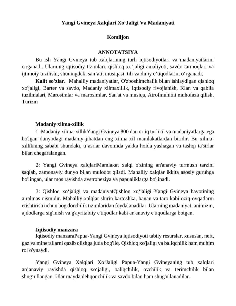 Yangi Gvineya Xalqlari Xo'Jaligi Va Madaniyati