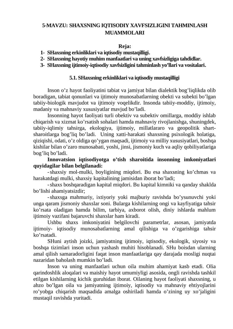 SHAXSNING IQTISODIY XAVFSIZLIGINI TAHMINLASH MUAMMOLARI