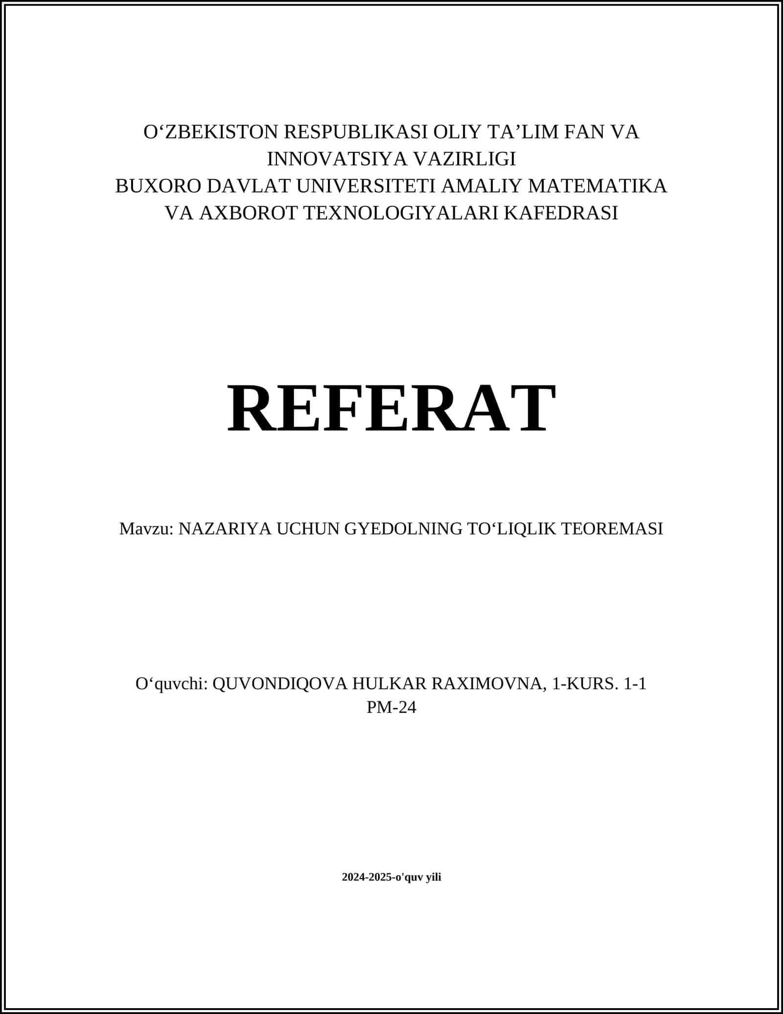 NAZARIYA UCHUN GYEDOLNING TOʻLIQLIK TEOREMASI