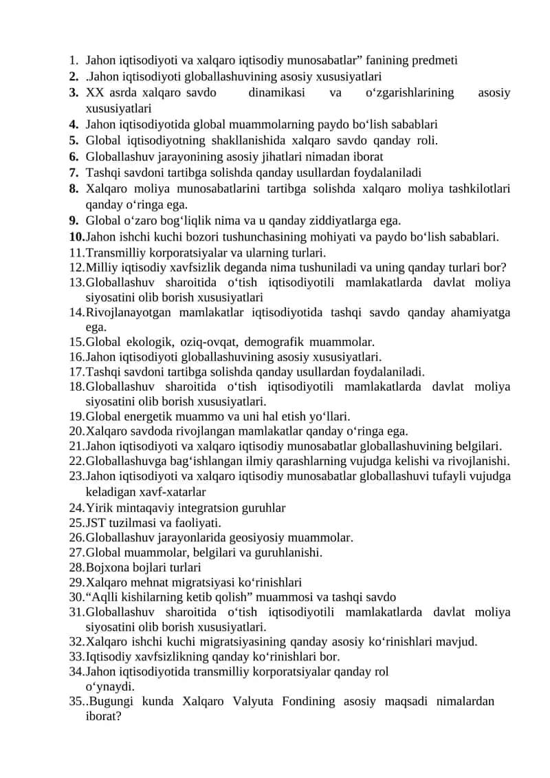 Jahon iqtisodiyoti va xalqaro iqtisodiy munosabatlar” fanining predmeti