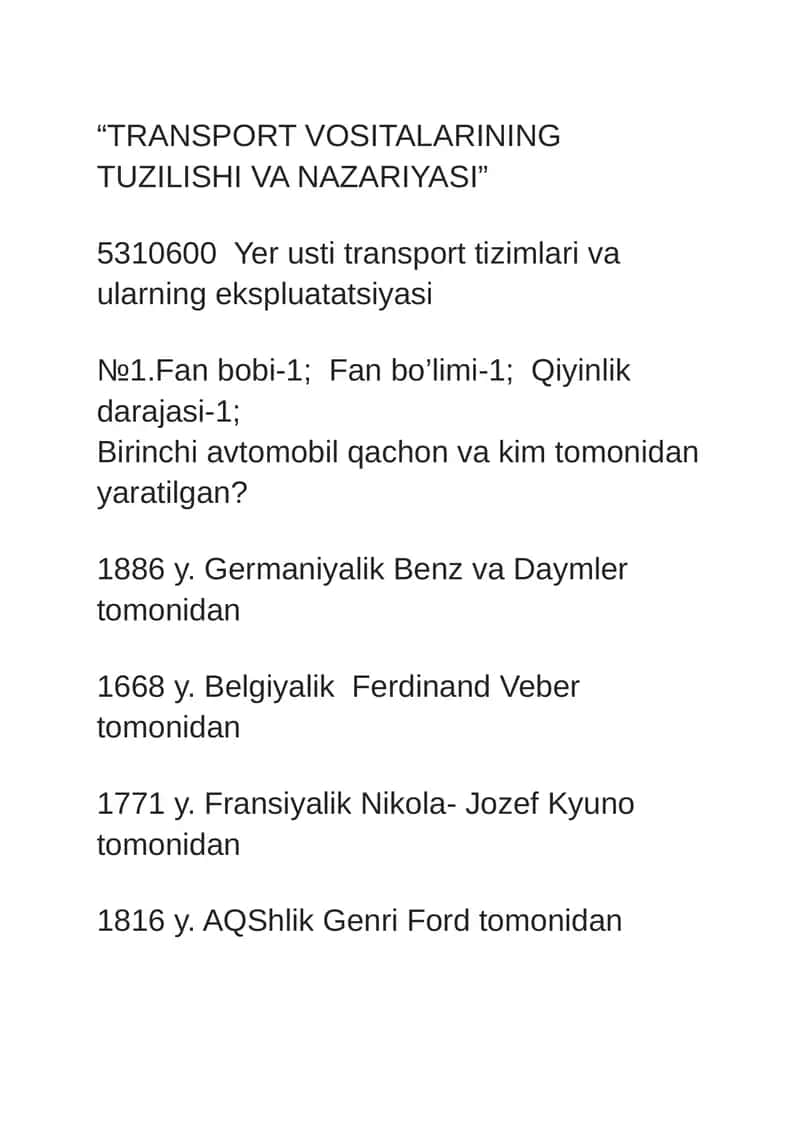 TRANSPORT VOSITALARINING TUZILISHI VA NAZARIYASI
