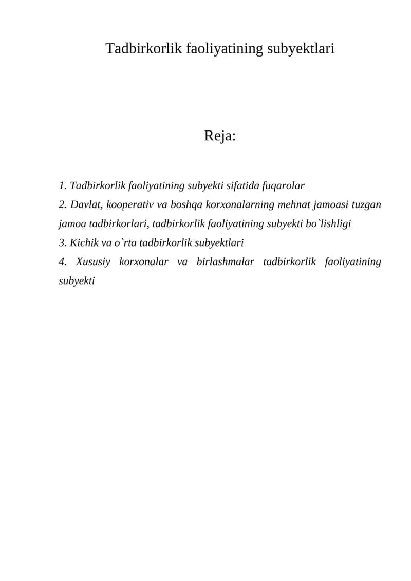 Tadbirkorlik faoliyatining subyektlari