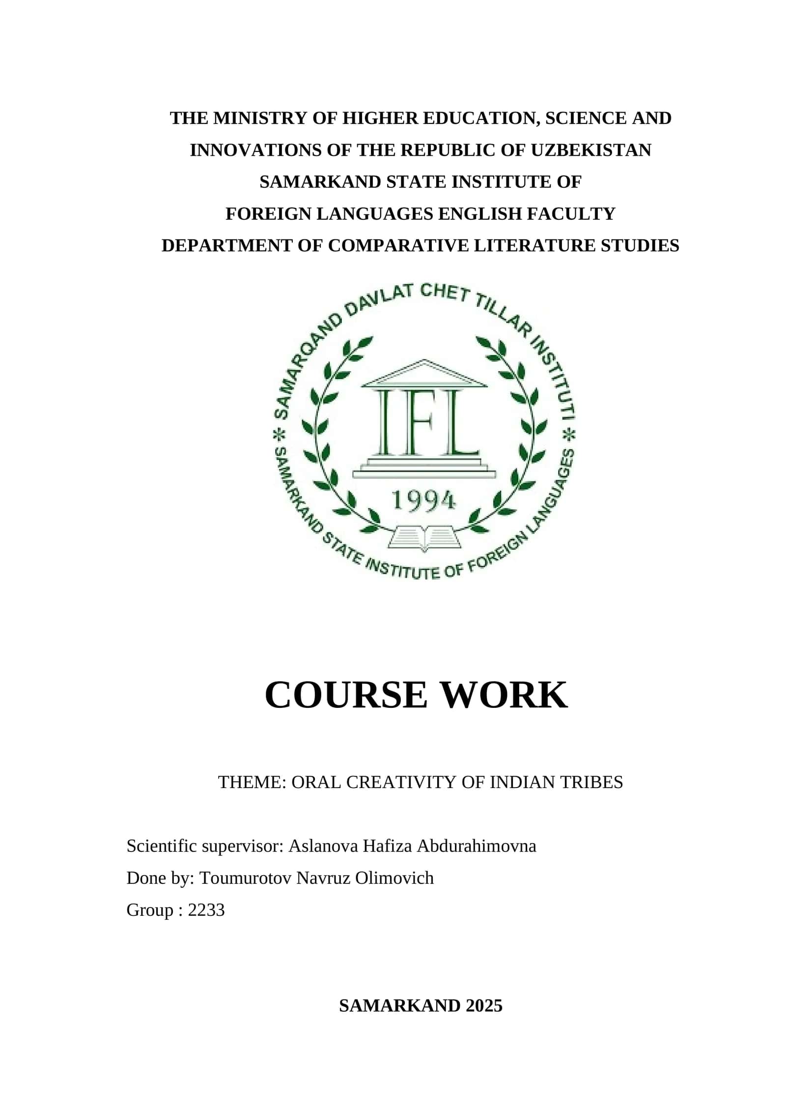 Oral Creativity of Indian Tribes