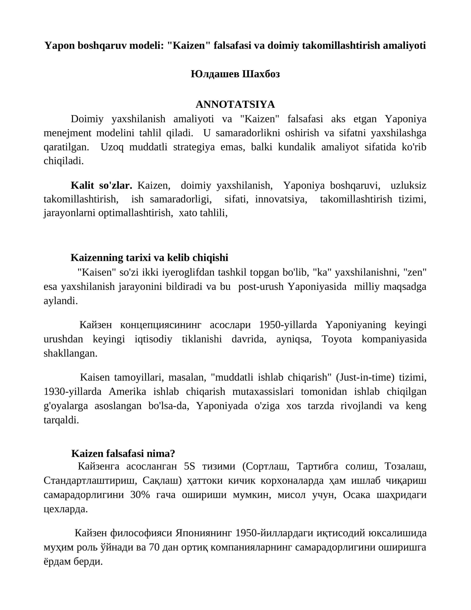 "Kaizen" falsafasi va doimiy takomillashtirish amaliyoti