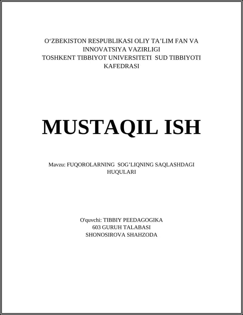 FUQOROLARNING SOG’LIQNING SAQLASHDAGI HUQULARI