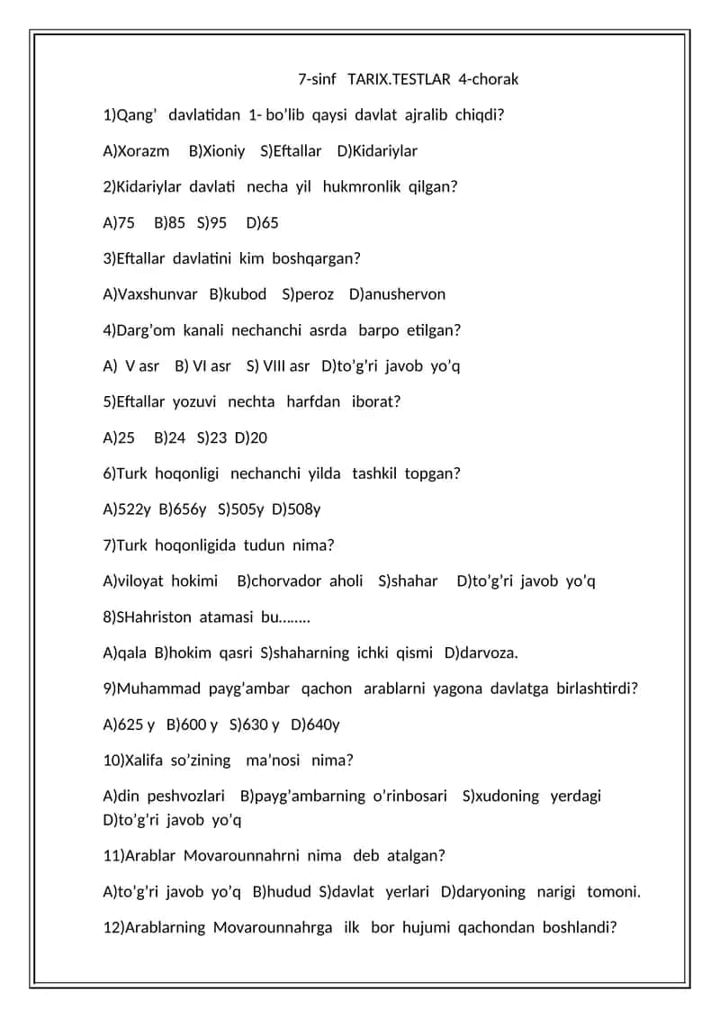 7-sinf TARIX.TESTLAR 4-chorak