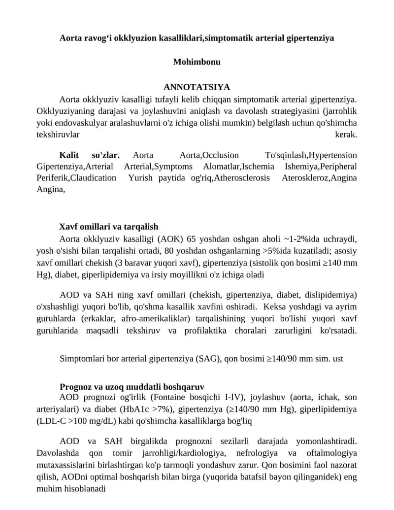 Aorta ravogʻi okklyuzion kasalliklari,simptomatik arterial gipertenziya