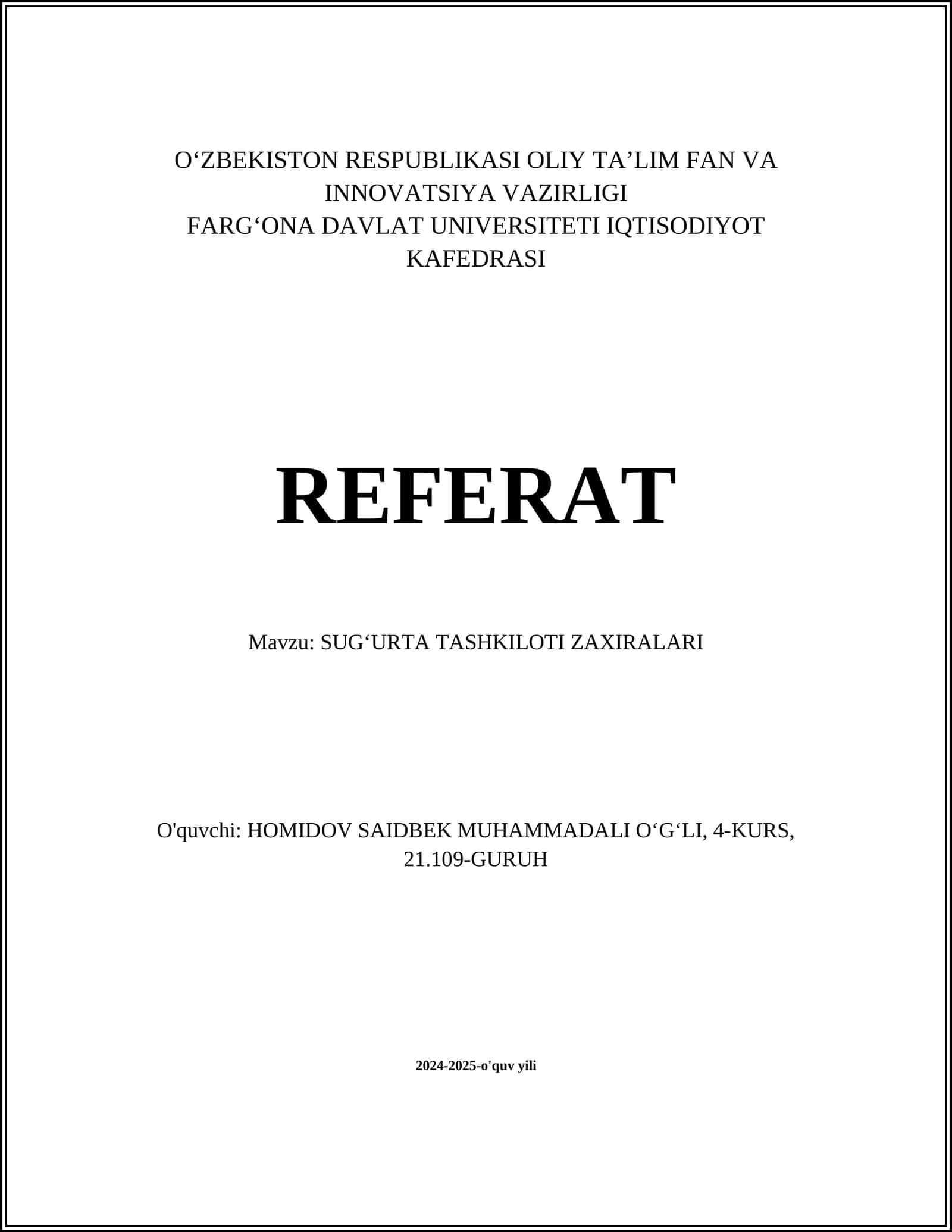 SUGʻURTA TASHKILOTI ZAXIRALARI
