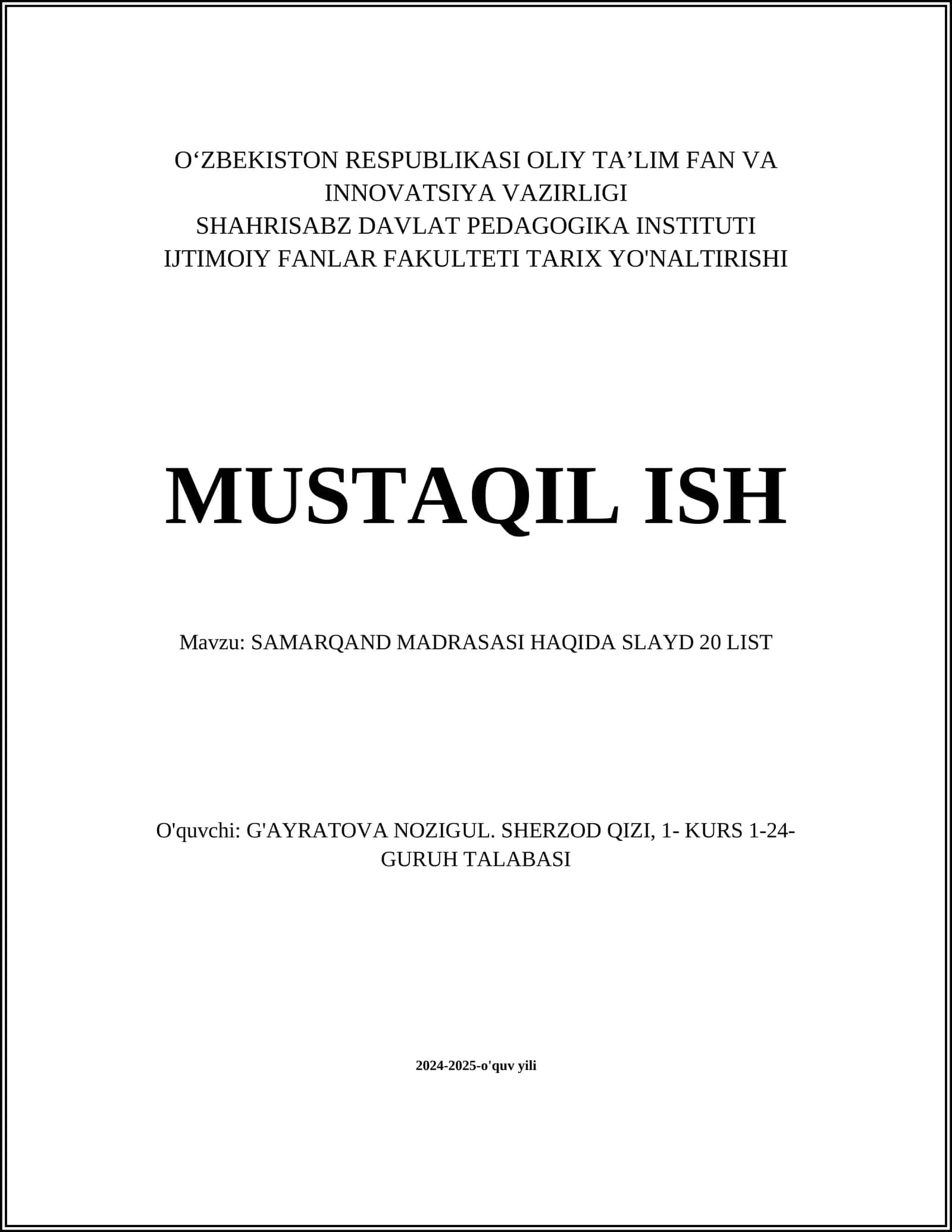 SAMARQAND MADRASASI HAQIDA SLAYD 20 LIST