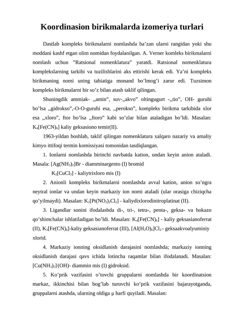 Koordinasion birikmalarda izomeriya turlari