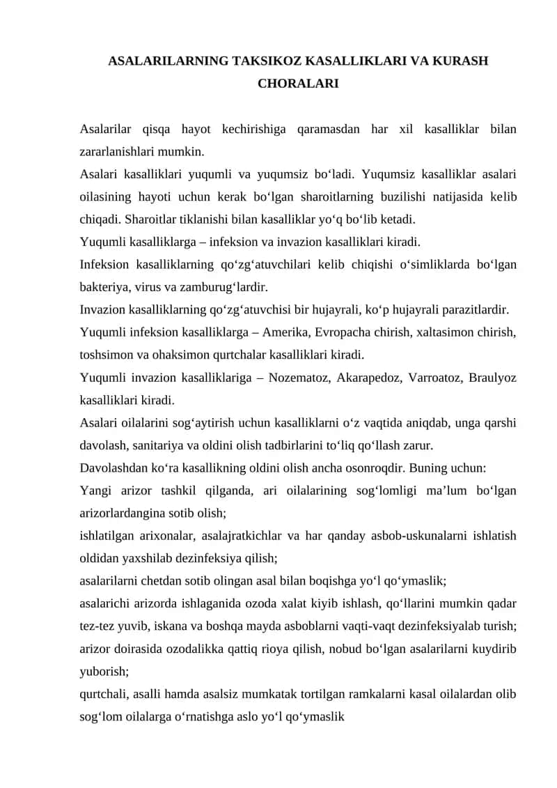 ASALARILARNING TAKSIKOZ KASALLIKLARI VA KURASH CHORALARI