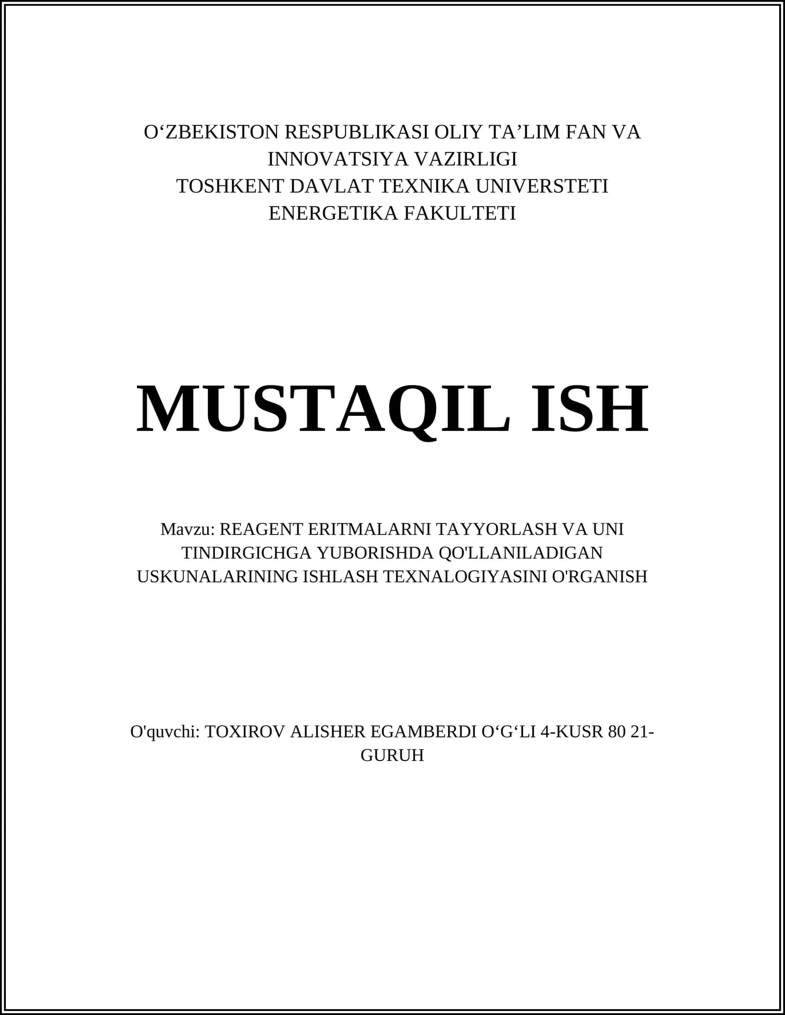 REAGENT ERITMALARNI TAYYORLASH VA UNI TINDIRGICHGA YUBORISHDA QO'LLANILADIGAN USKUNALARINING ISHLASH TEXNALOGIYASINI O'RGANISH