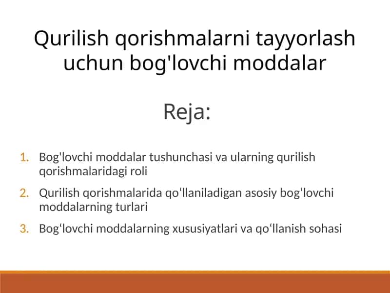 Qurilish qorishmalarni tayyorlash uchun bog'lovchi moddalar