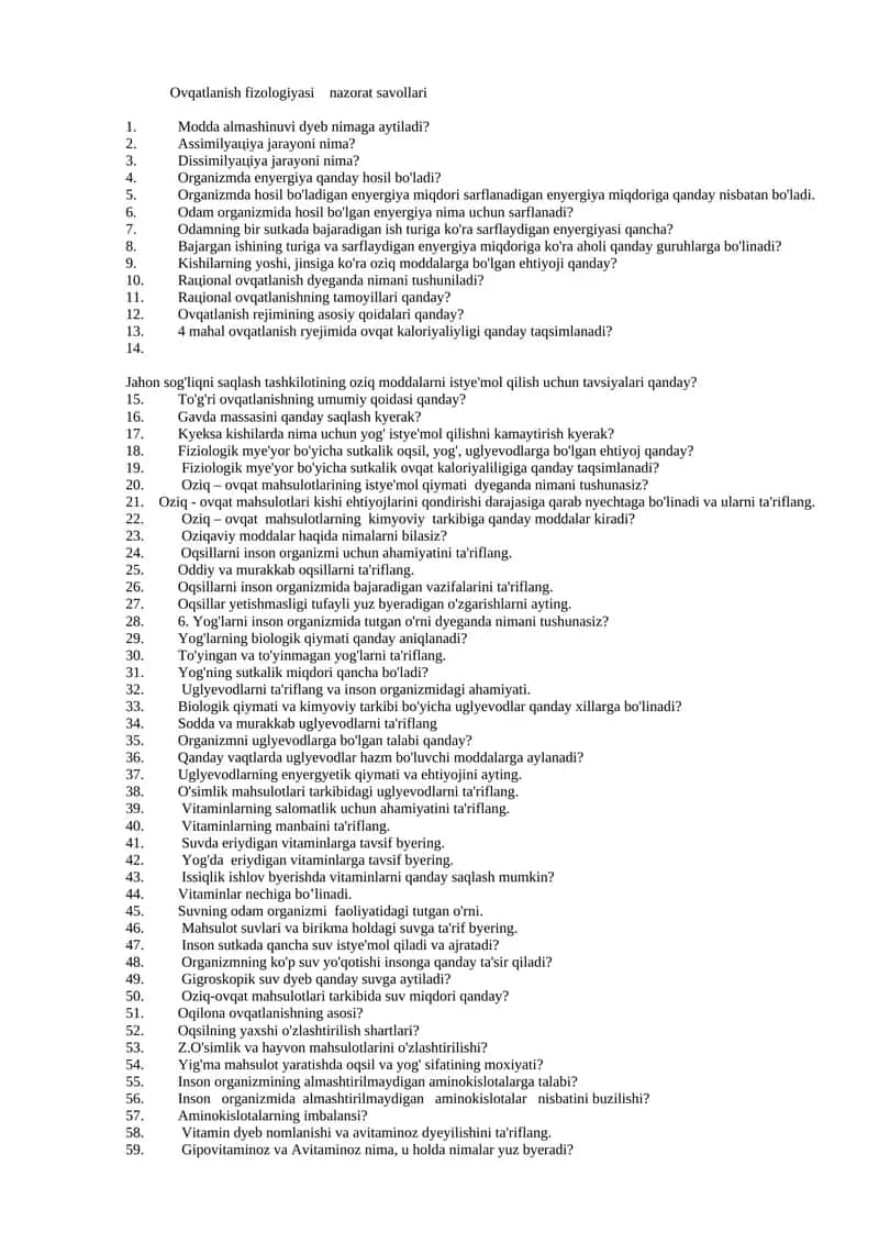 Ovqatlanish fizologiyasi nazorat savollari