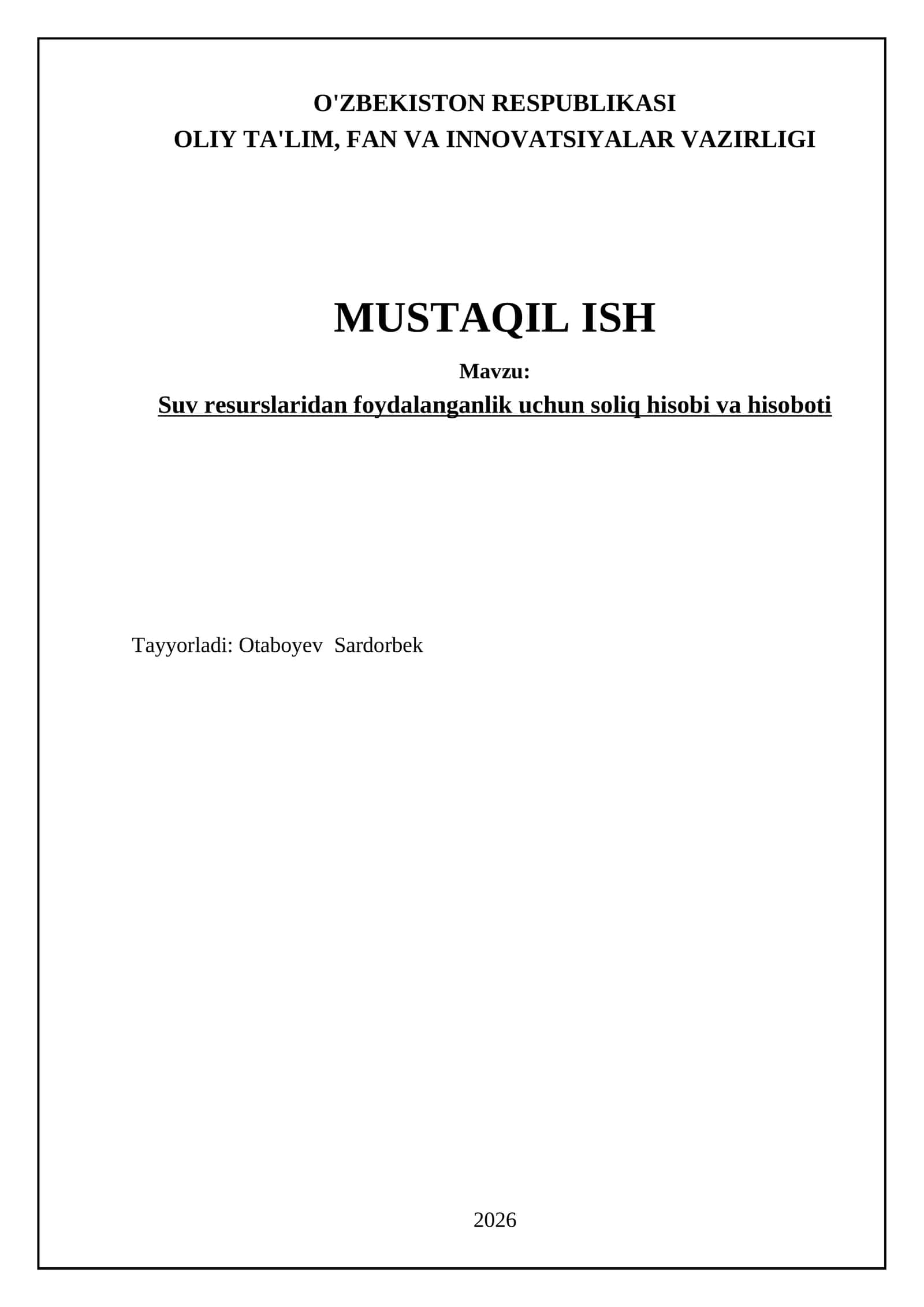 Suv rеsurslаridаn fоydаlаngаnlik uchun sоliq hisоbi vа hisоbоti