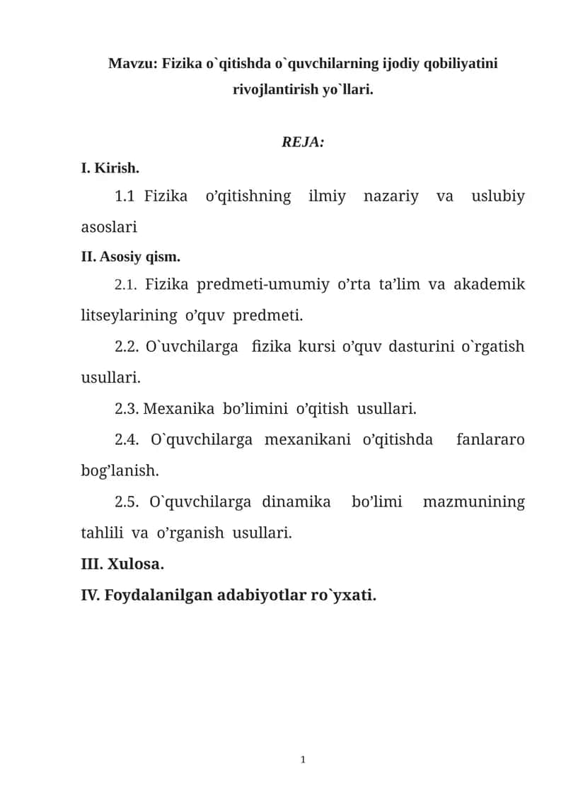 Fizika o`qitishda o`quvchilarning ijodiy qobiliyatini rivojlantirish yo`llari