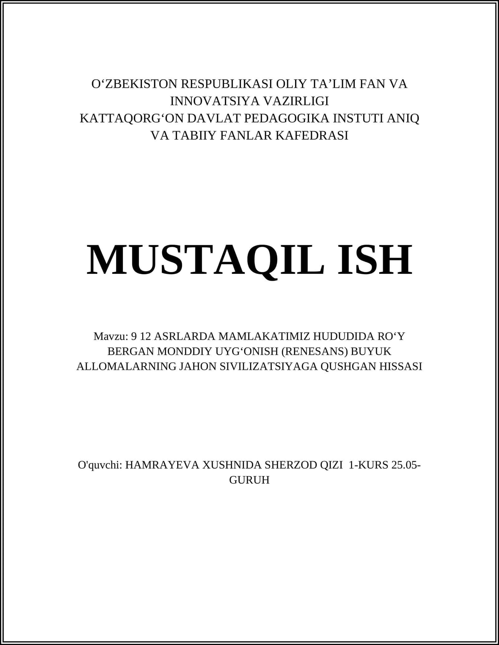 IX—XII asrlarda Samanid davlati va mintaqaviy mondiy uygʻonish (Renessans)