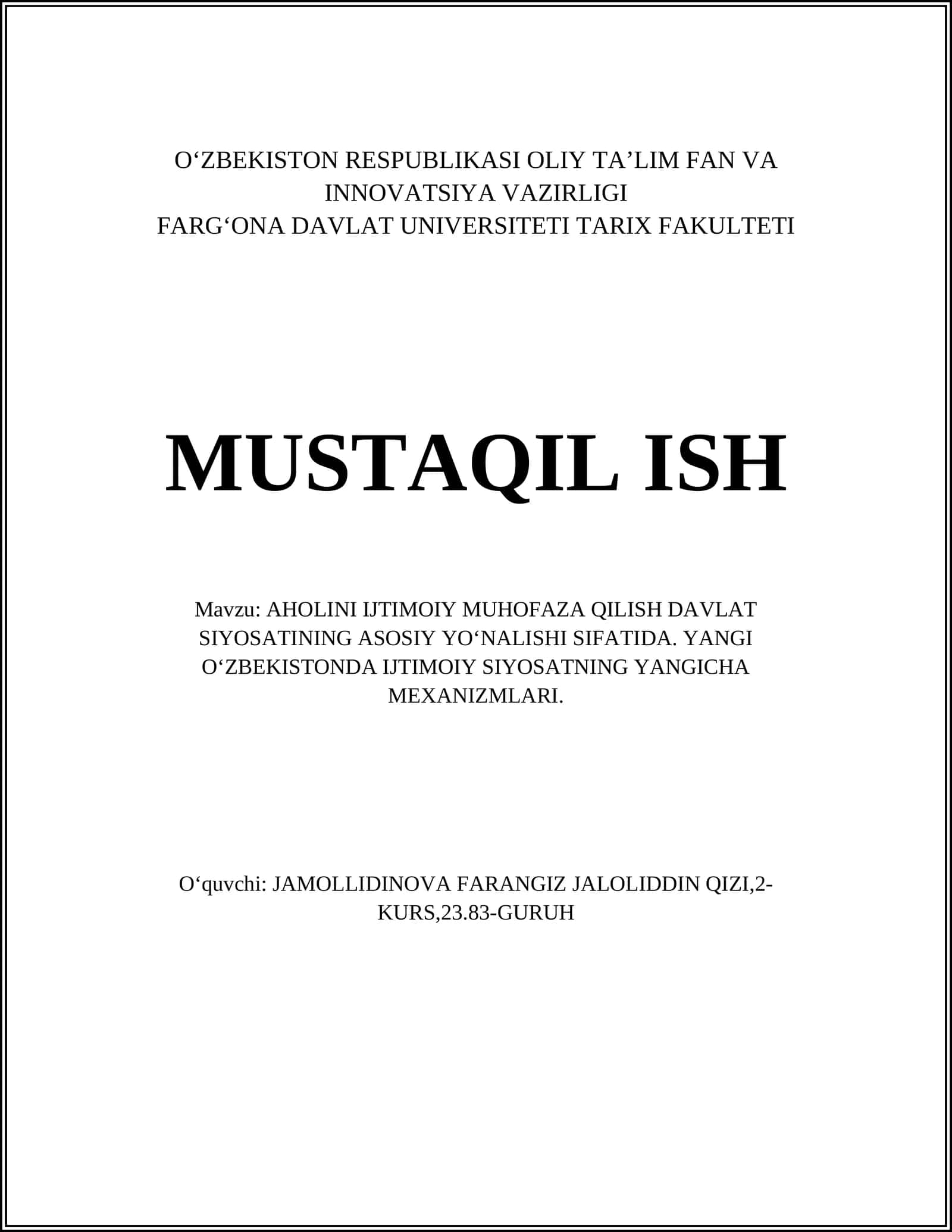 AHOLINI IJTIMOIY MUHOFAZA QILISH DAVLAT SIYOSATI