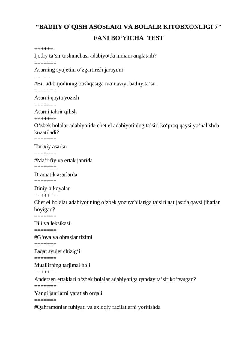 BADIIY O`QISH ASOSLARI VA BOLALR KITOBXONLIGI 7