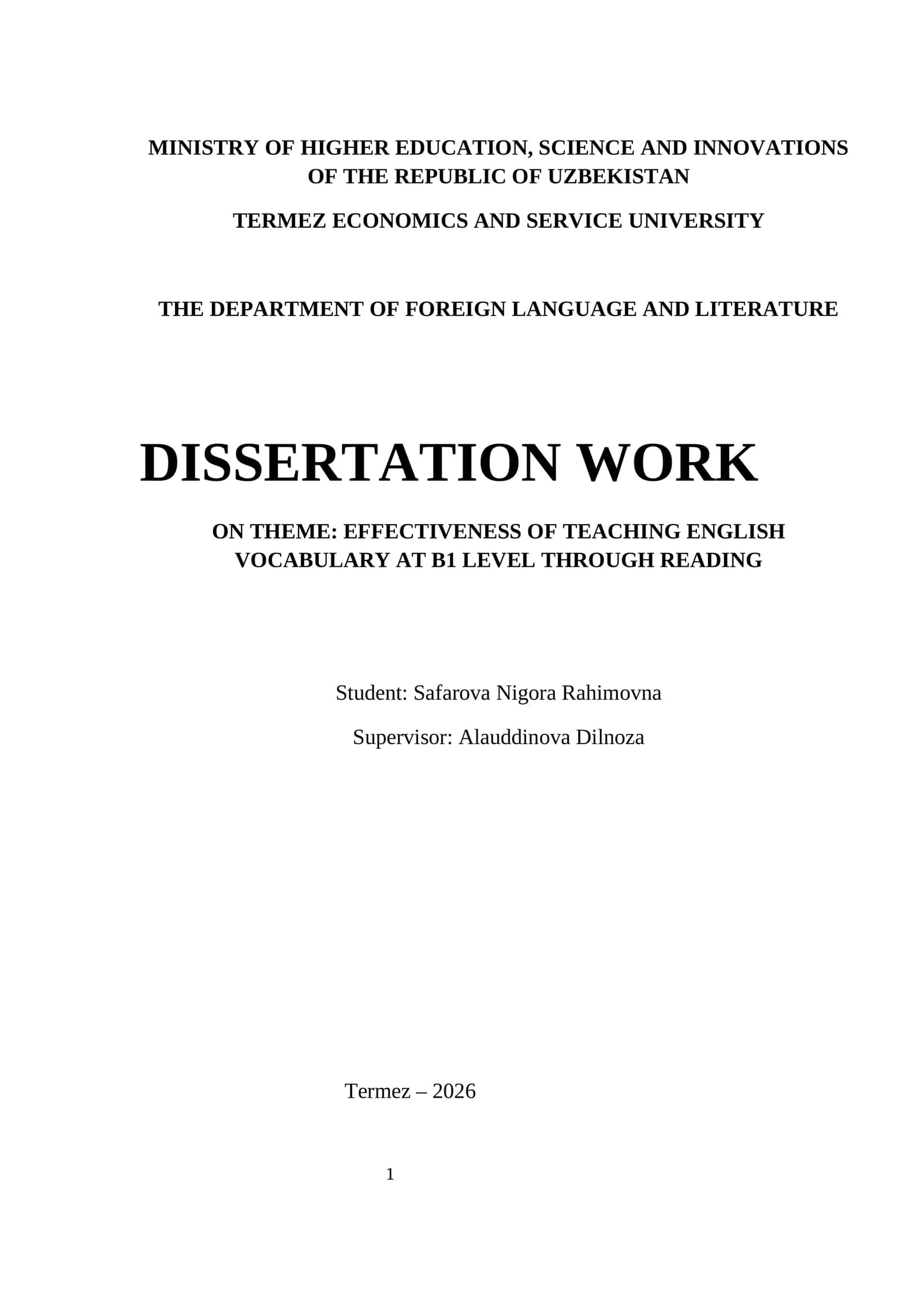 DISSERTATION WORK ON THEME: EFFECTIVENESS OF TEACHING ENGLISH VOCABULARY AT B1 LEVEL THROUGH READING