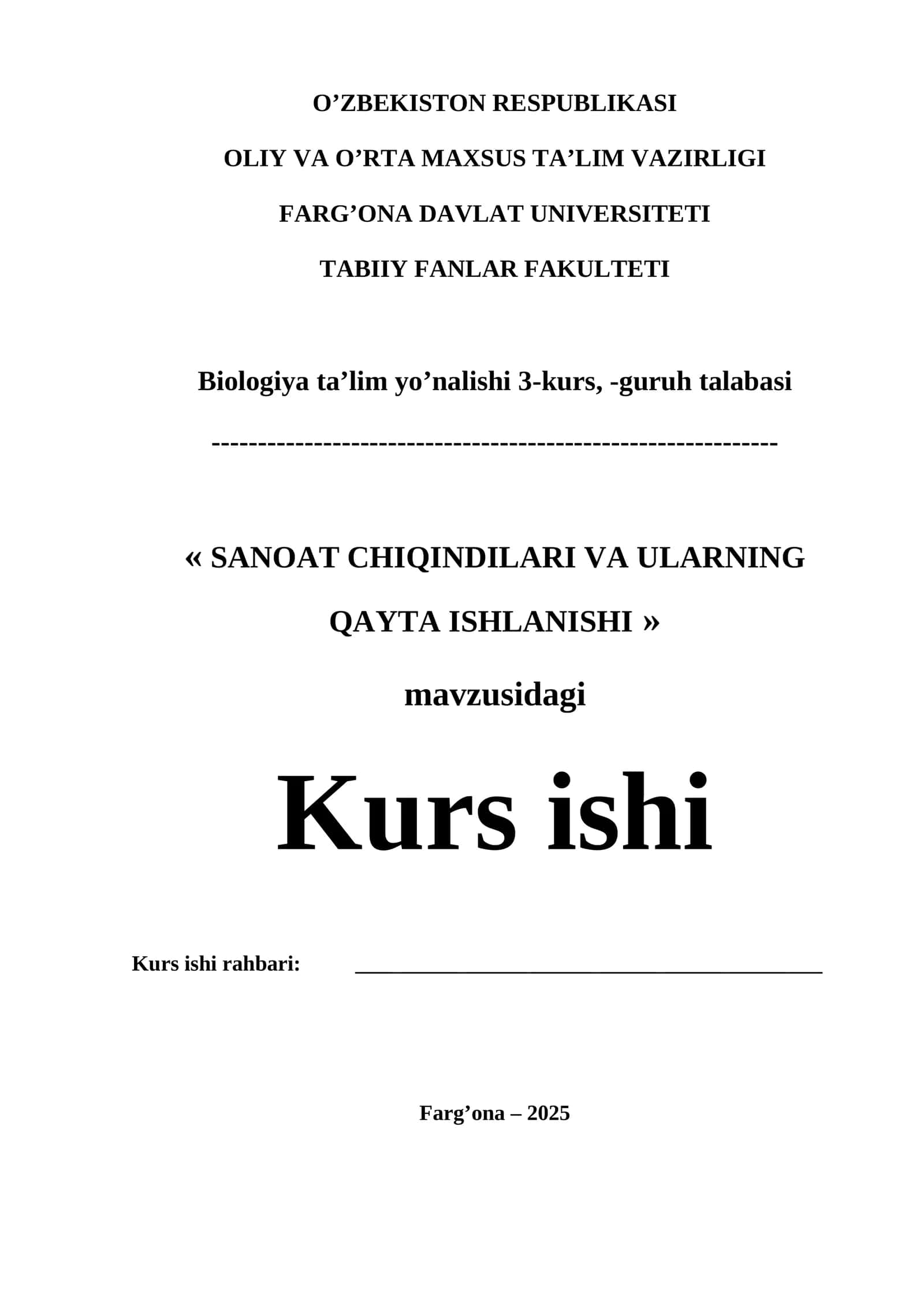 sanoat chiqindilari va ularning qayta ishlash KURS ISHI