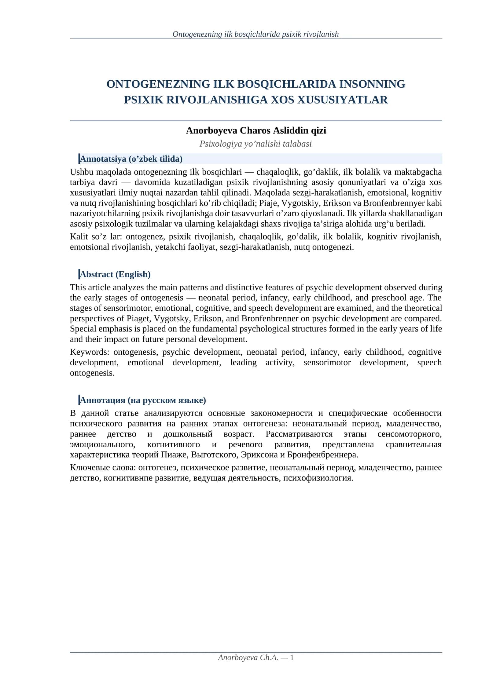 Ontogenezning ilk bosqichlarida psixik rivojlanish