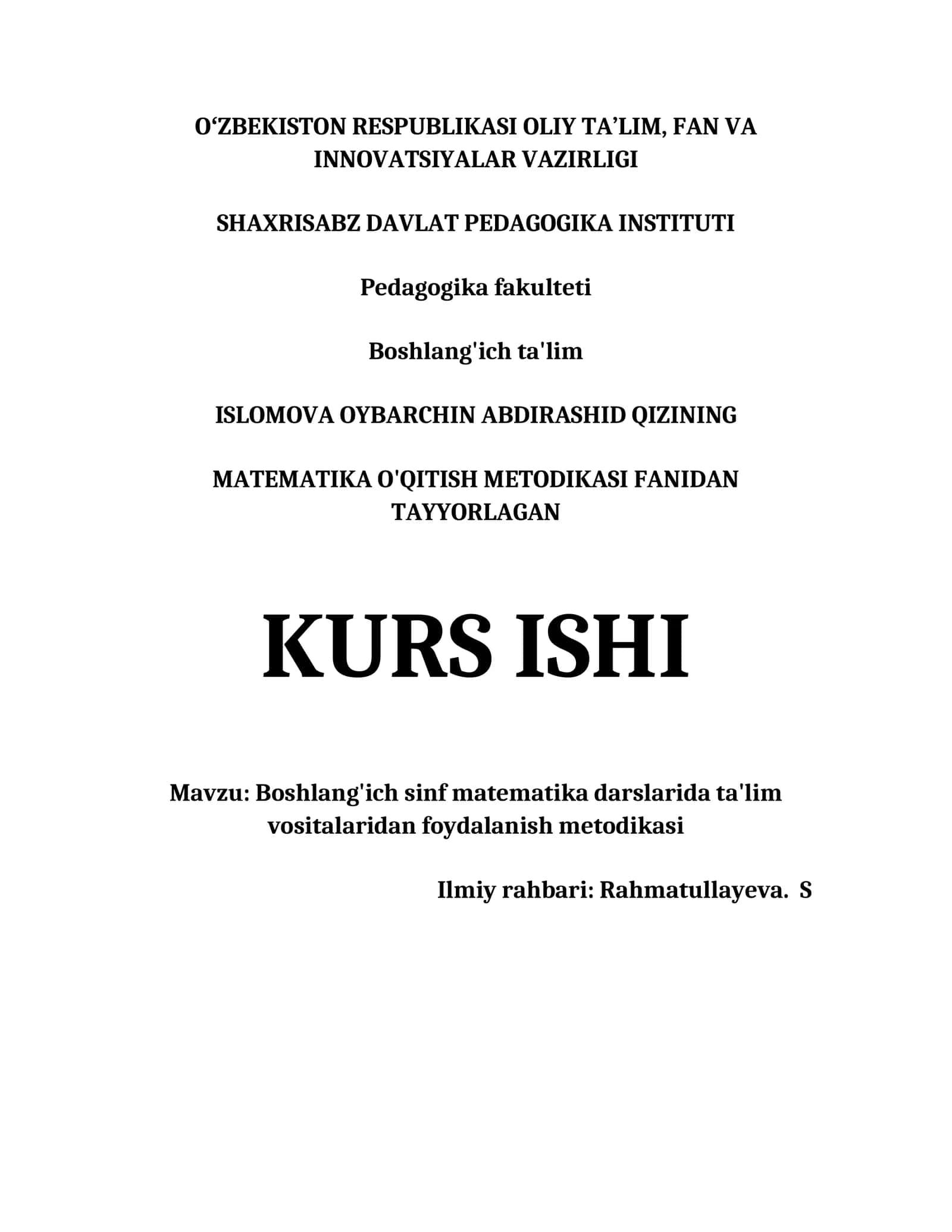 MATEMATIKA O'QITISH METODIKASI FANIDAN TAYYORLAGAN KURS ISHI