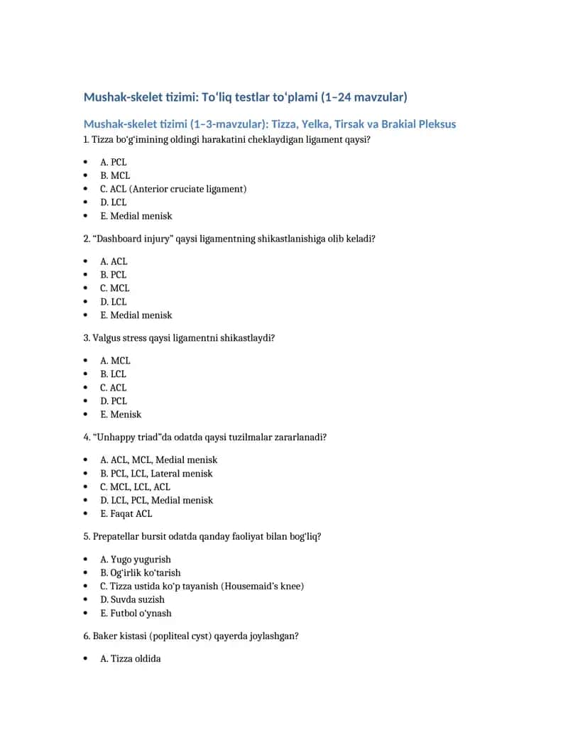 Mushak-skelet tizimi: To‘liq testlar to‘plami (1–24 mavzular)