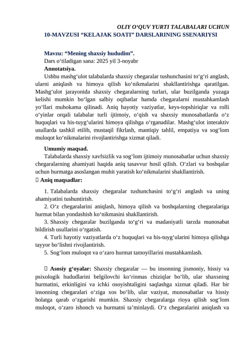 "KELAJAK SOATI" DARSLARINING SSENARIYSI
