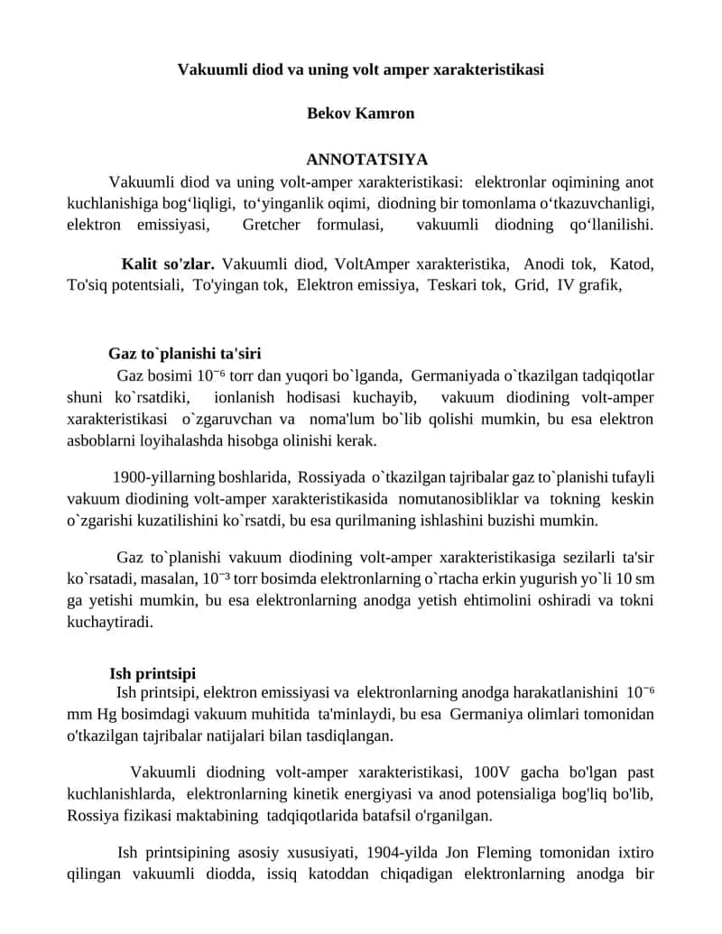 Vakuumli diod va uning volt amper xarakteristikasi