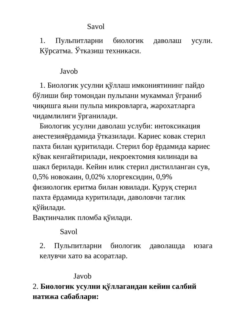 Пульпитларни биологик даволаш усули
