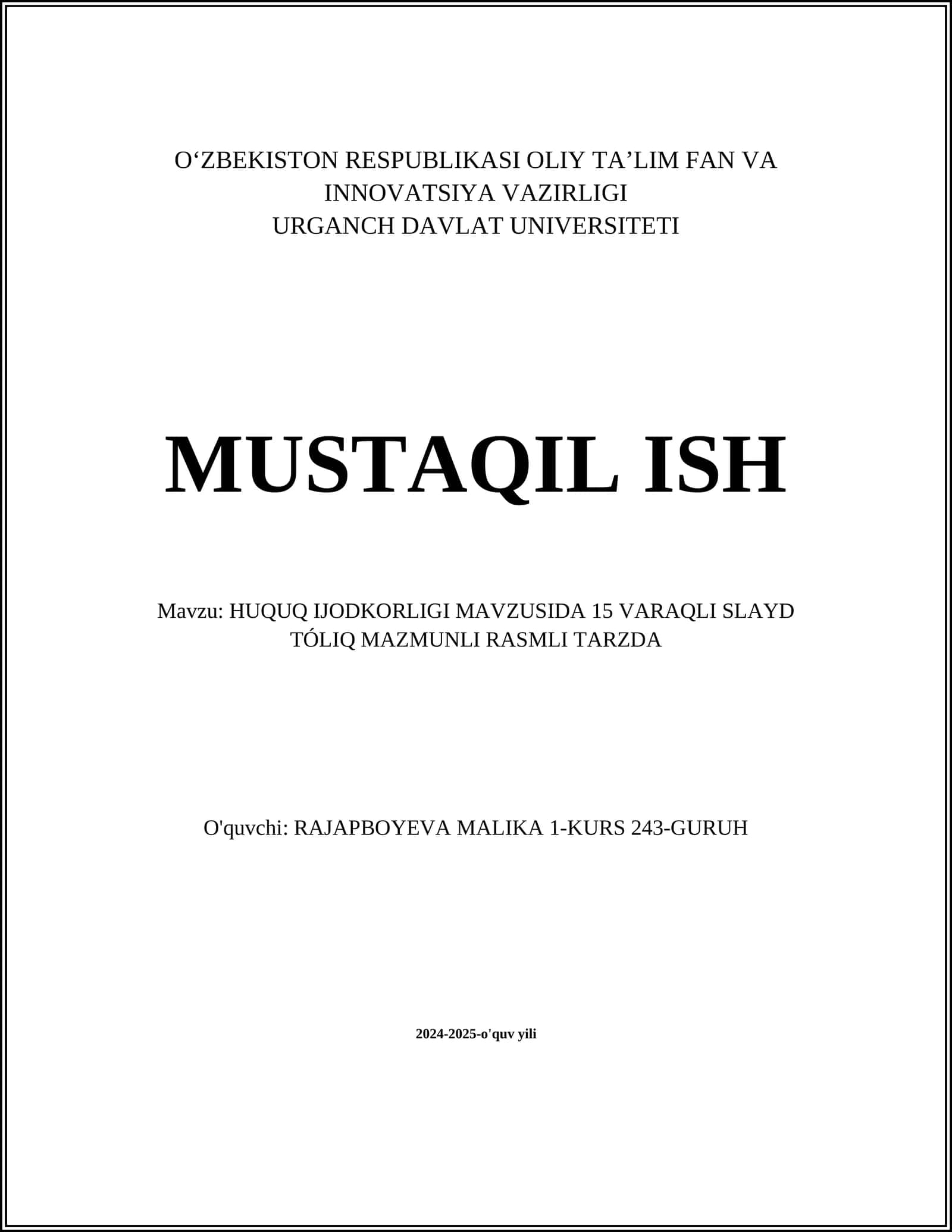 HUQUQ IJODKORLIGI MAVZUSIDA 15 VARAQLI SLAYD TÓLIQ MAZMUNLI RASMLI TARZDA